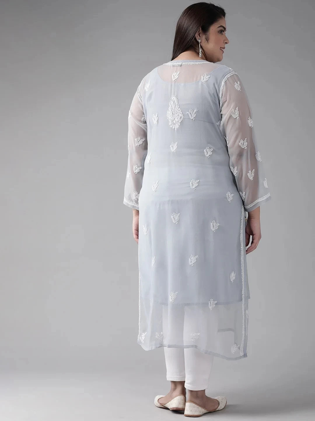 Ada Hand Embroidered Grey Georgette Lucknowi Chikankari Straight Kurta With Slip A411131