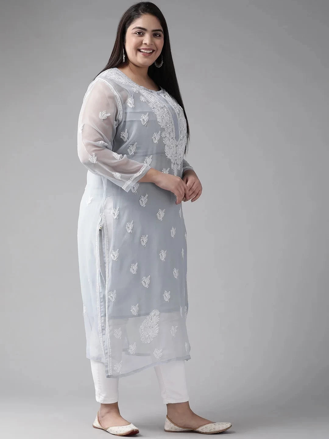 Ada Hand Embroidered Grey Georgette Lucknowi Chikankari Straight Kurta With Slip A411131