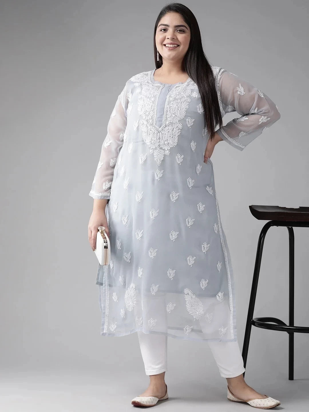 Ada Hand Embroidered Grey Georgette Lucknowi Chikankari Straight Kurta With Slip A411131