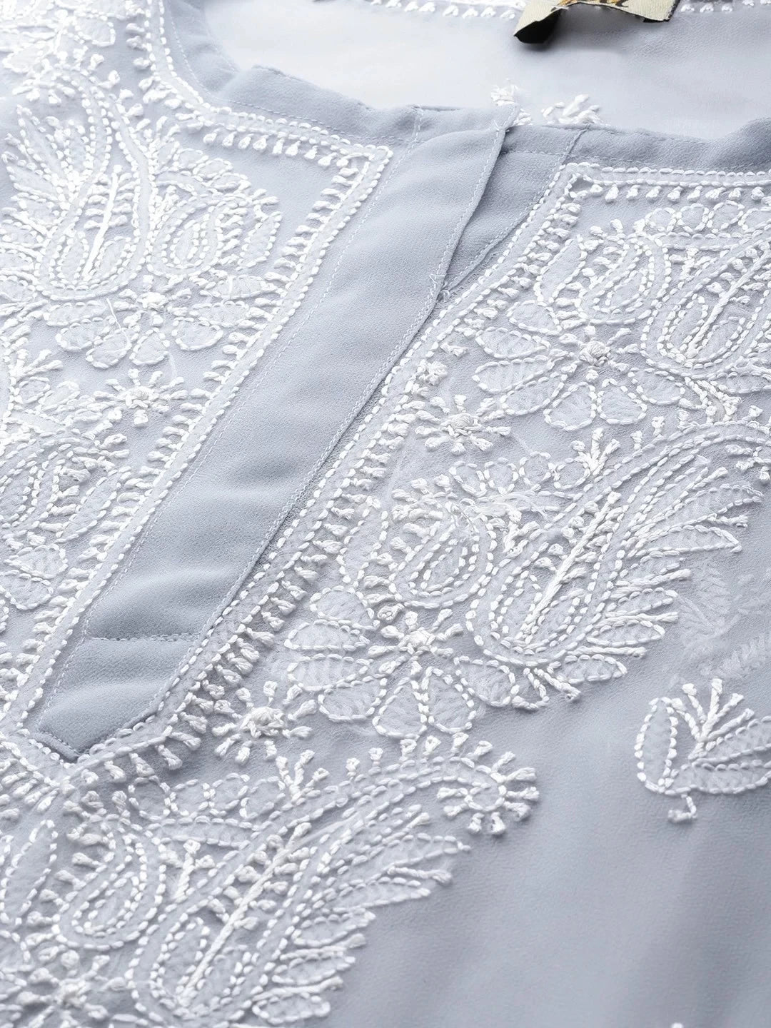 Ada Hand Embroidered Grey Georgette Lucknowi Chikankari Straight Kurta With Slip A411131