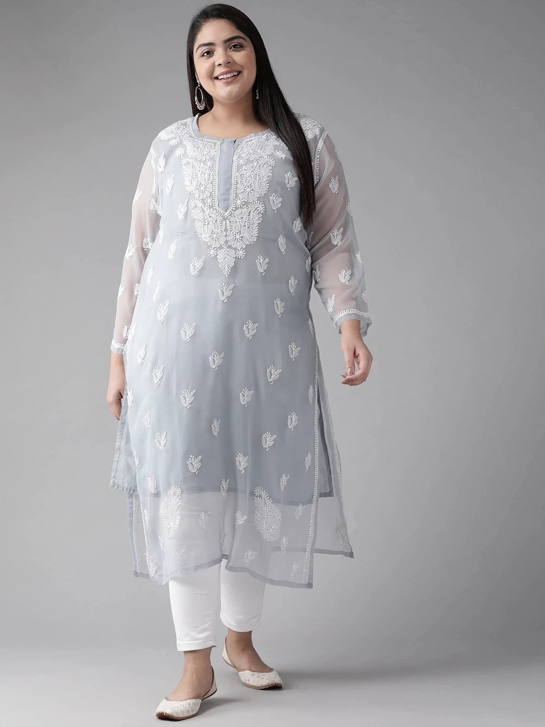 Ada Hand Embroidered Grey Georgette Lucknowi Chikankari Straight Kurta With Slip A411131