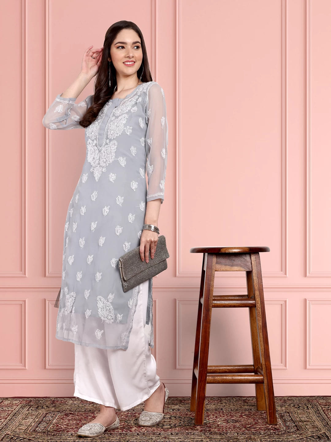 Ada Hand Embroidered Grey Georgette Lucknowi Chikankari Straight Kurta With Slip A411131
