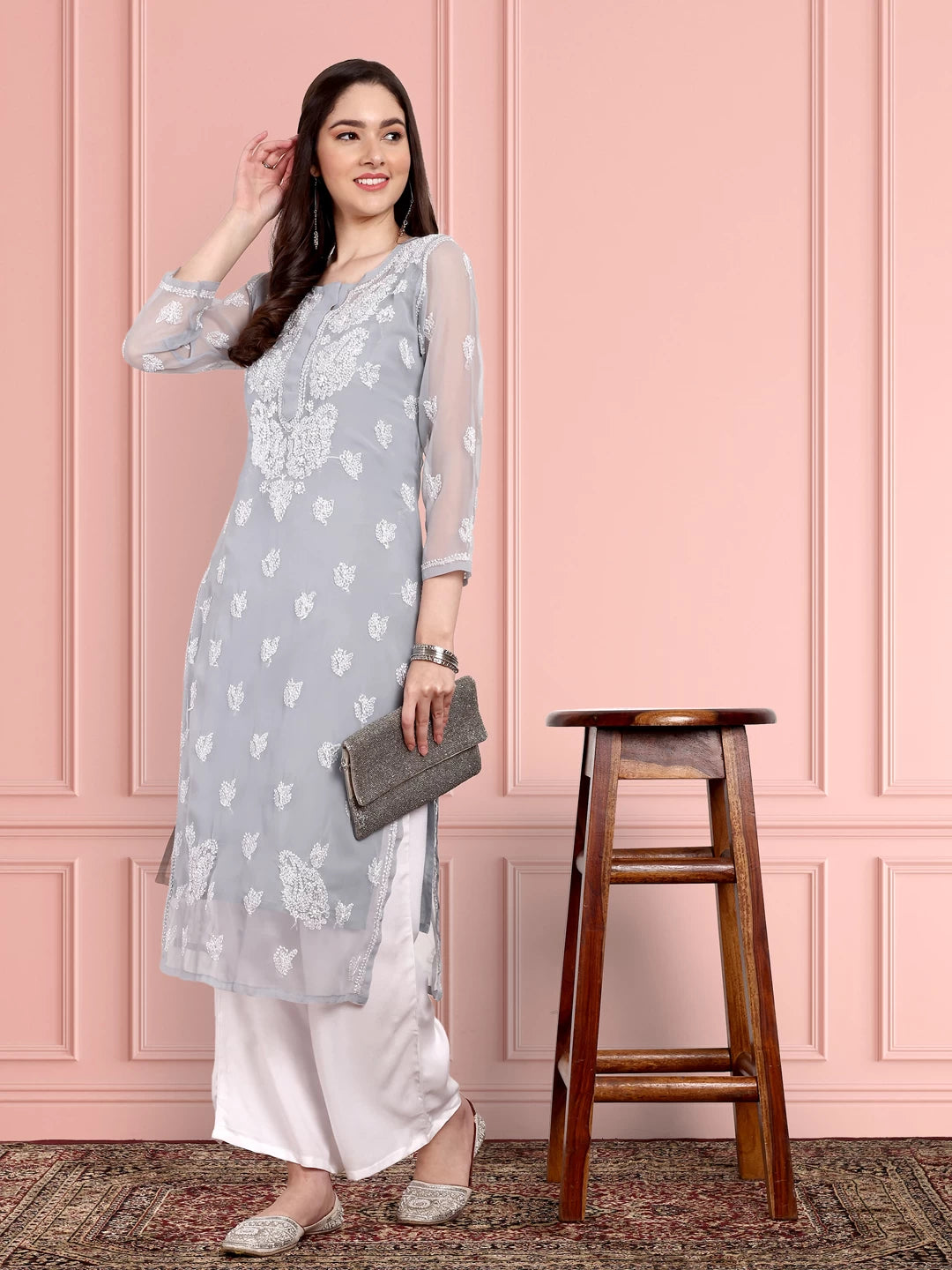 Ada Hand Embroidered Grey Georgette Lucknowi Chikankari Straight Kurta With Slip A411131
