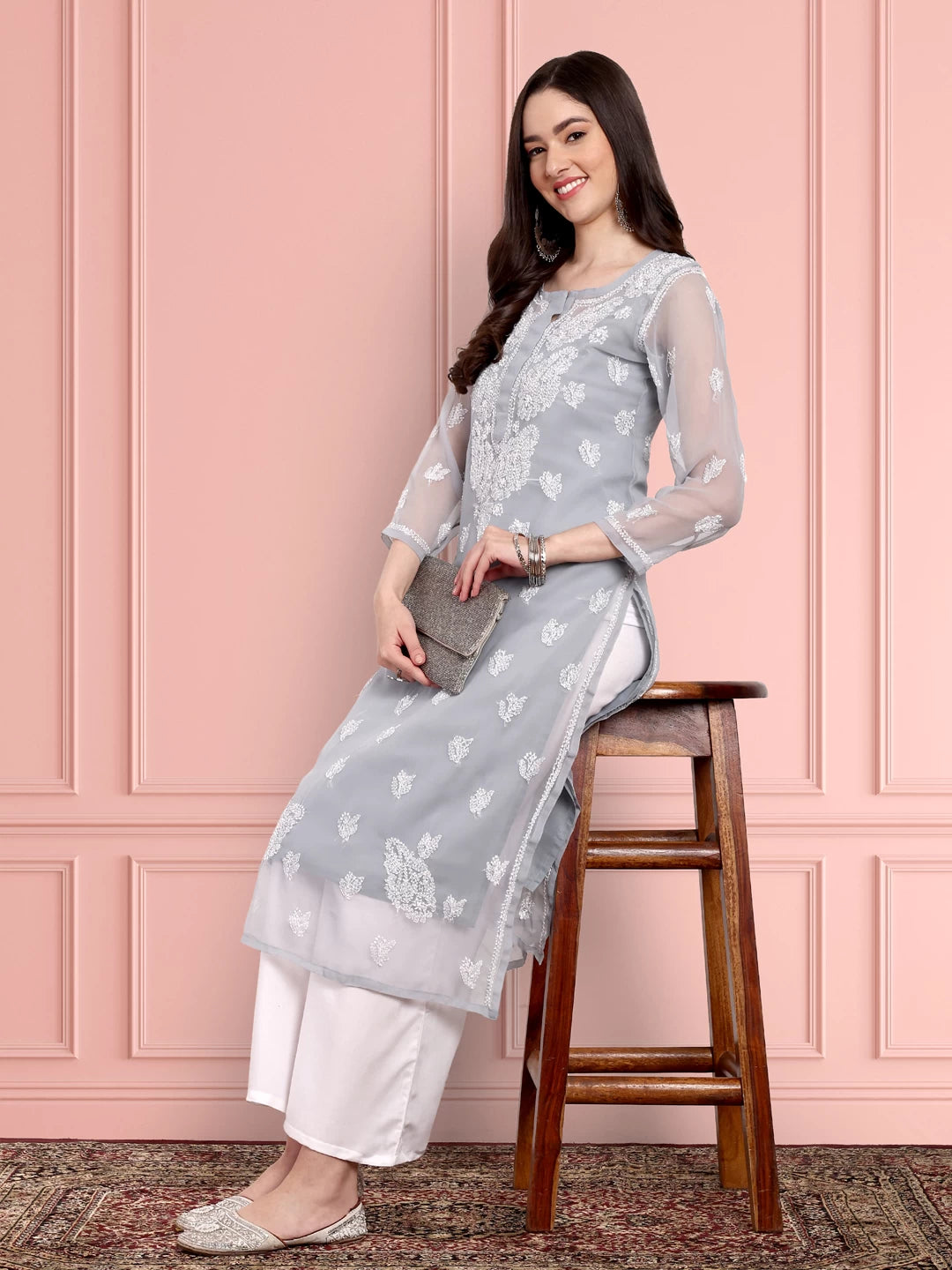 Ada Hand Embroidered Grey Georgette Lucknowi Chikankari Straight Kurta With Slip A411131