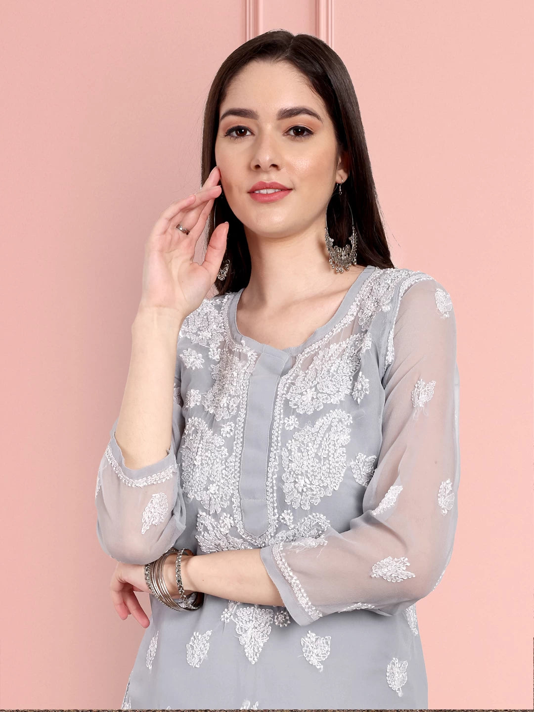 Ada Hand Embroidered Grey Georgette Lucknowi Chikankari Straight Kurta With Slip A411131