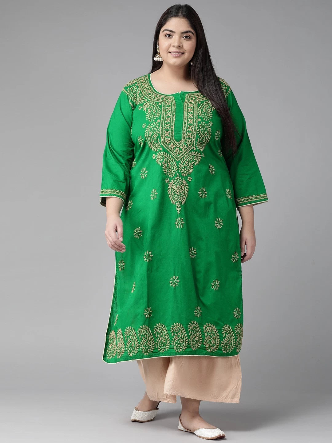Ada Hand Embroidered Green Cotton Lucknowi Chikankari Straight Kurta A188088