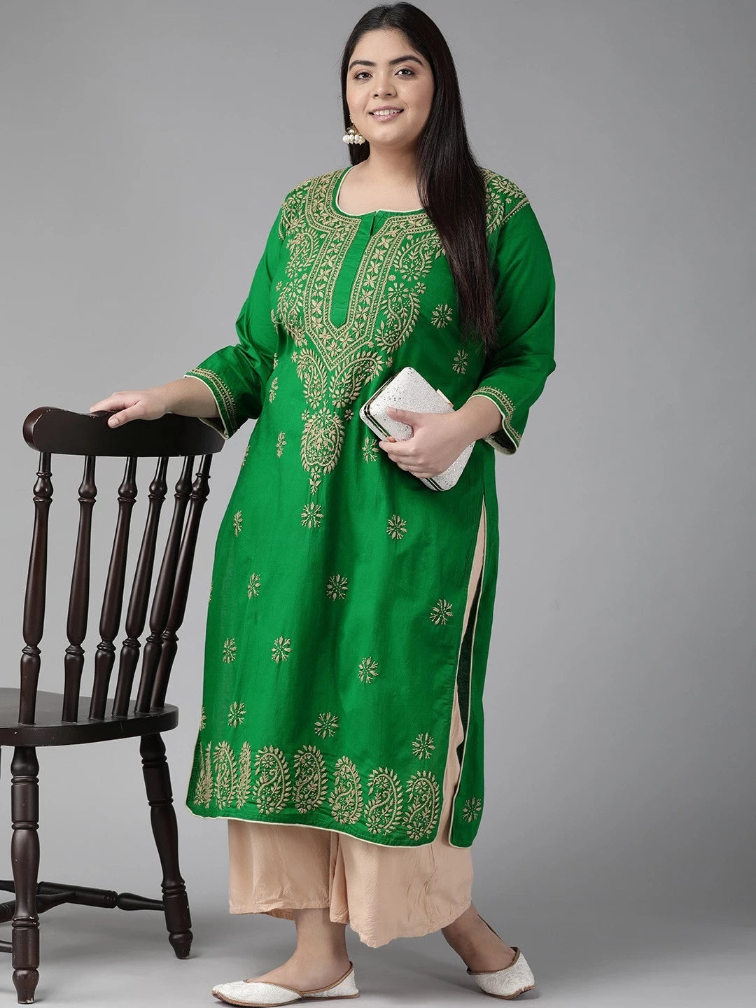 Ada Hand Embroidered Green Cotton Lucknowi Chikankari Straight Kurta A188088