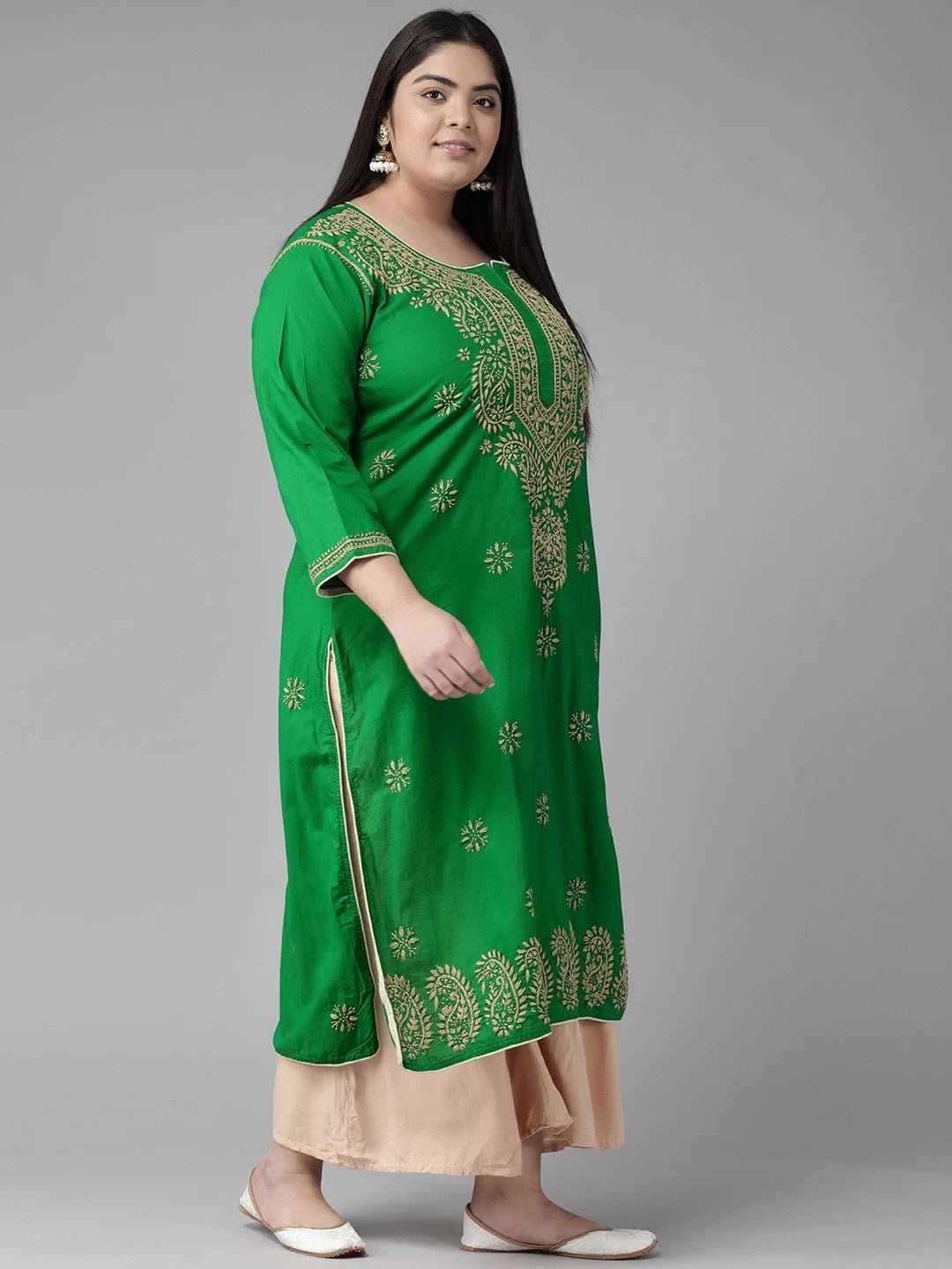 Ada Hand Embroidered Green Cotton Lucknowi Chikankari Straight Kurta A188088