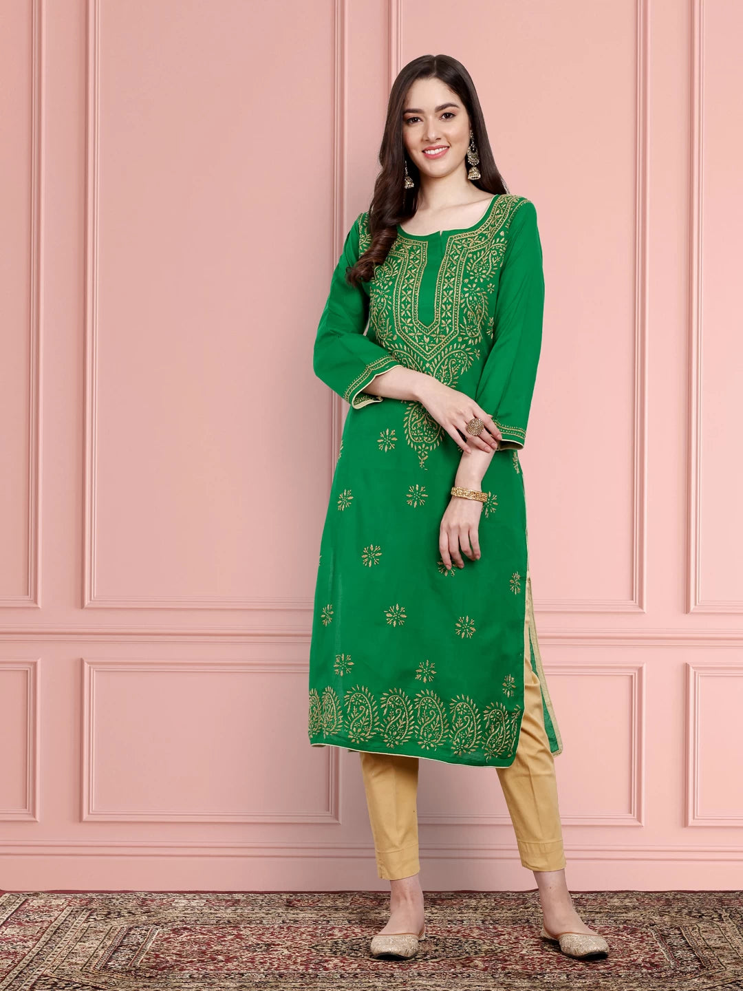 Ada Hand Embroidered Green Cotton Lucknowi Chikankari Straight Kurta A188088