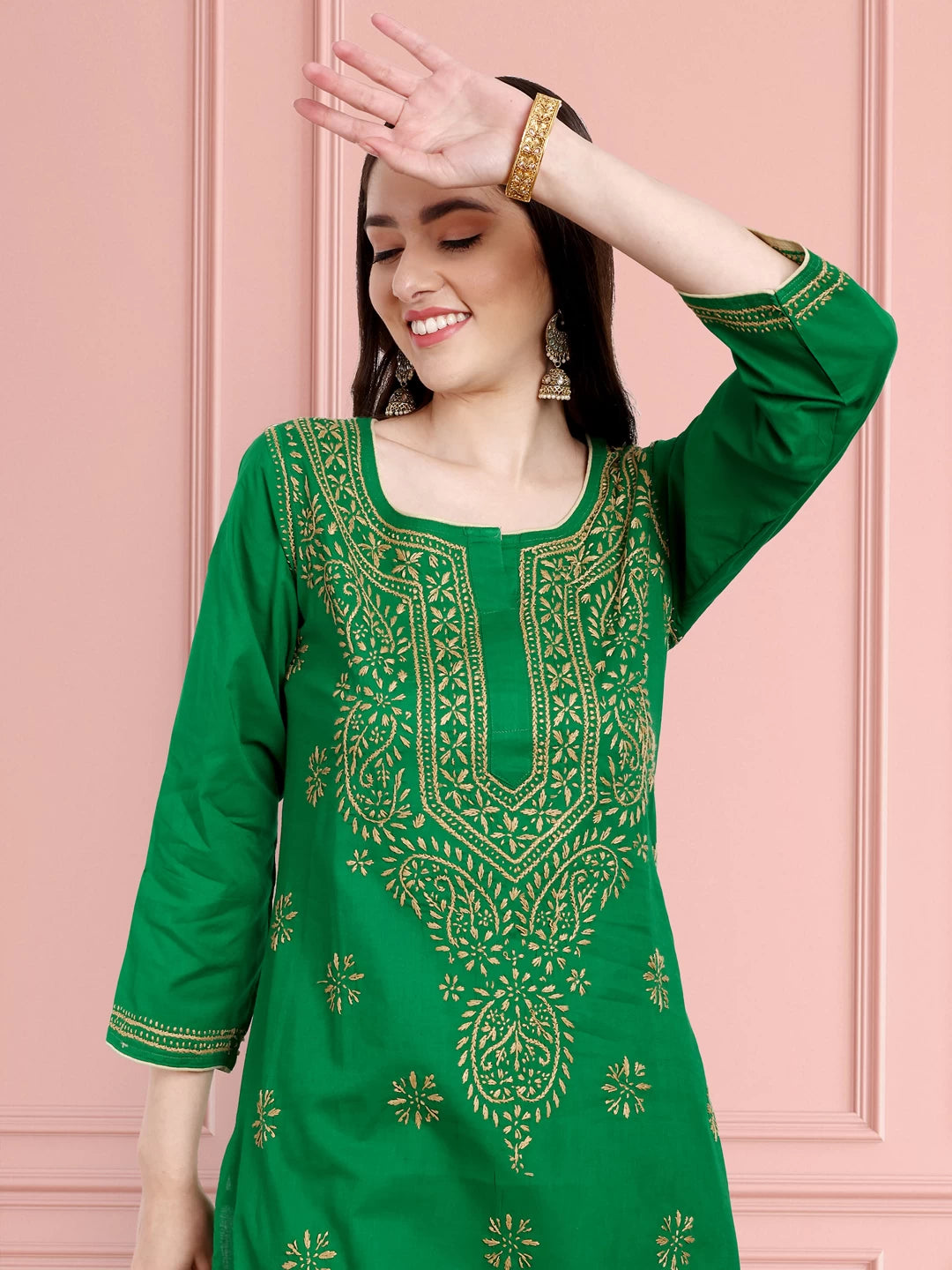 Ada Hand Embroidered Green Cotton Lucknowi Chikankari Straight Kurta A188088
