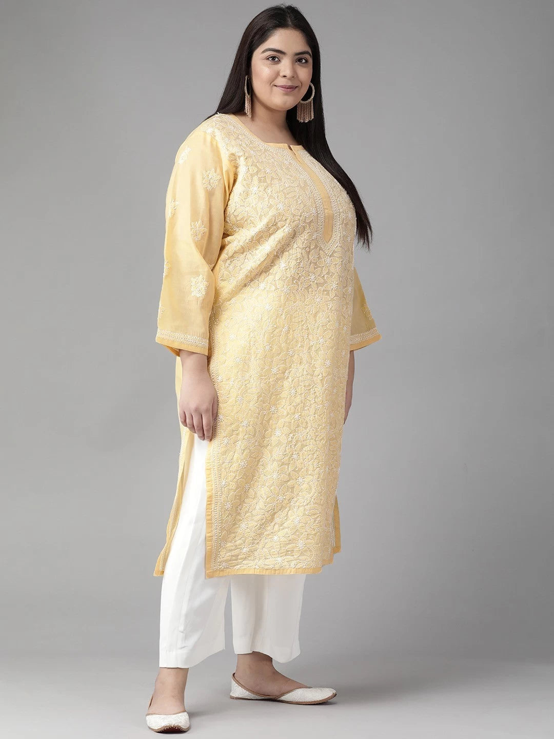 Ada Hand Embroidered Beige Cotton Lucknowi Chikankari Straight Kurta A411152