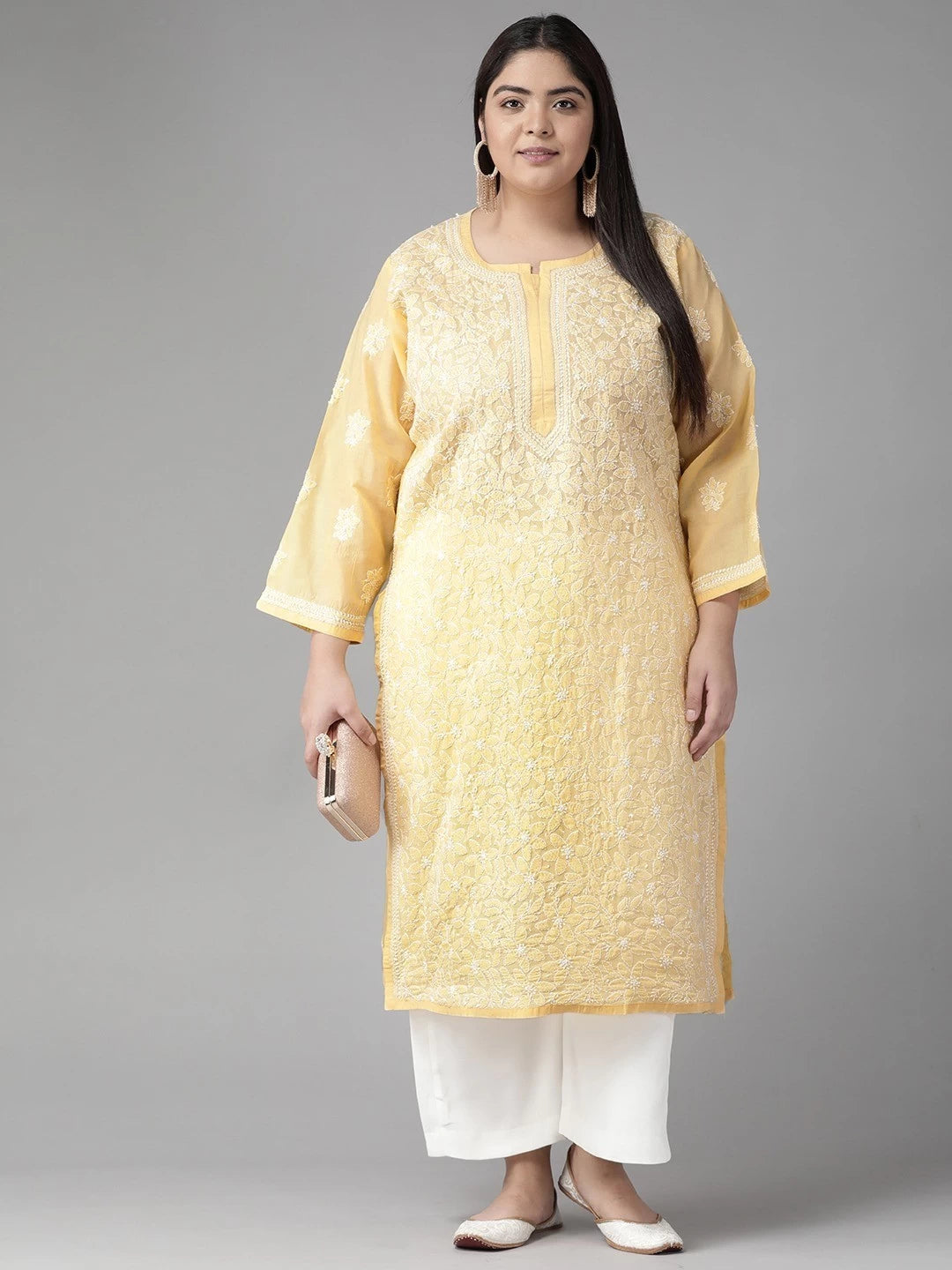 Ada Hand Embroidered Beige Cotton Lucknowi Chikankari Straight Kurta A411152