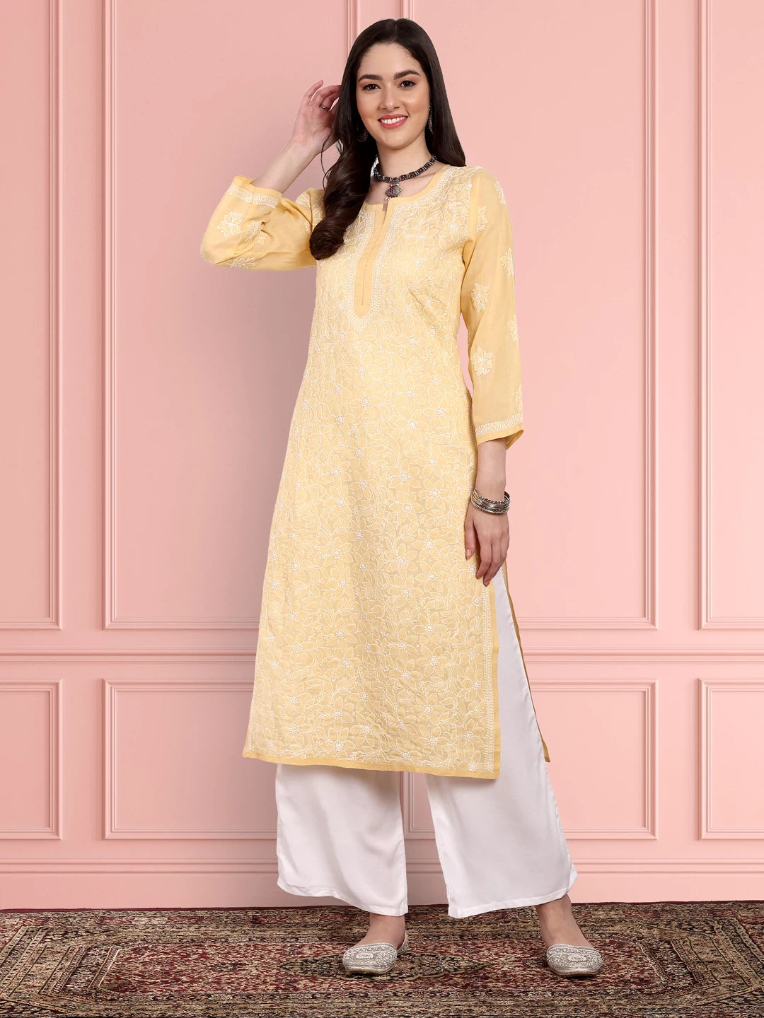 Ada Hand Embroidered Beige Cotton Lucknowi Chikankari Straight Kurta A411152