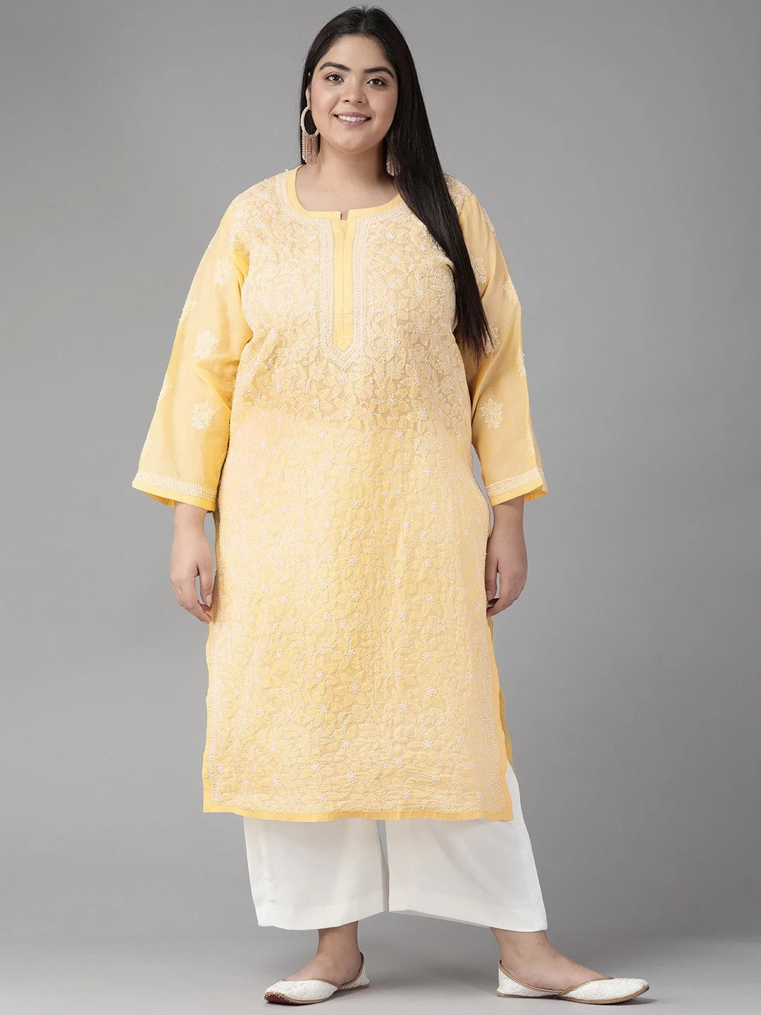 Ada Hand Embroidered Beige Cotton Lucknowi Chikankari Straight Kurta A411152