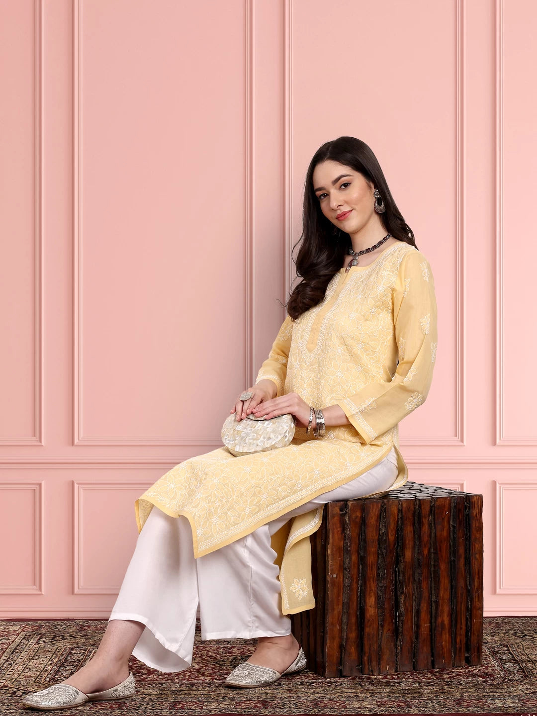 Ada Hand Embroidered Beige Cotton Lucknowi Chikankari Straight Kurta A411152