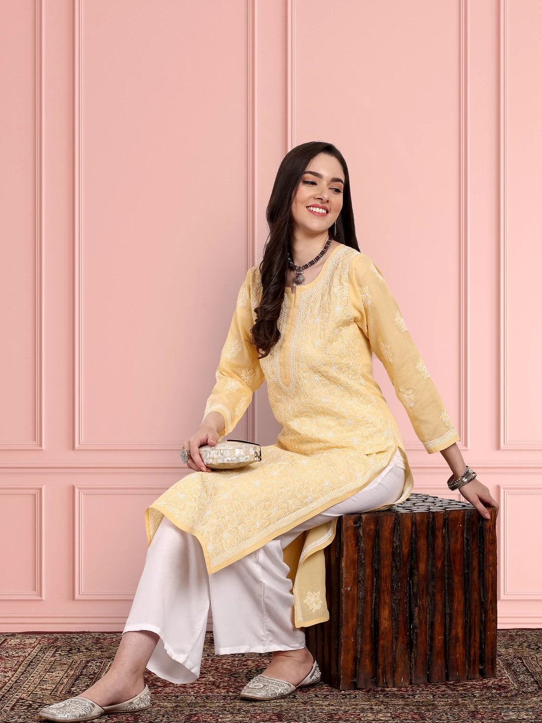 Ada Hand Embroidered Beige Cotton Lucknowi Chikankari Straight Kurta A411152