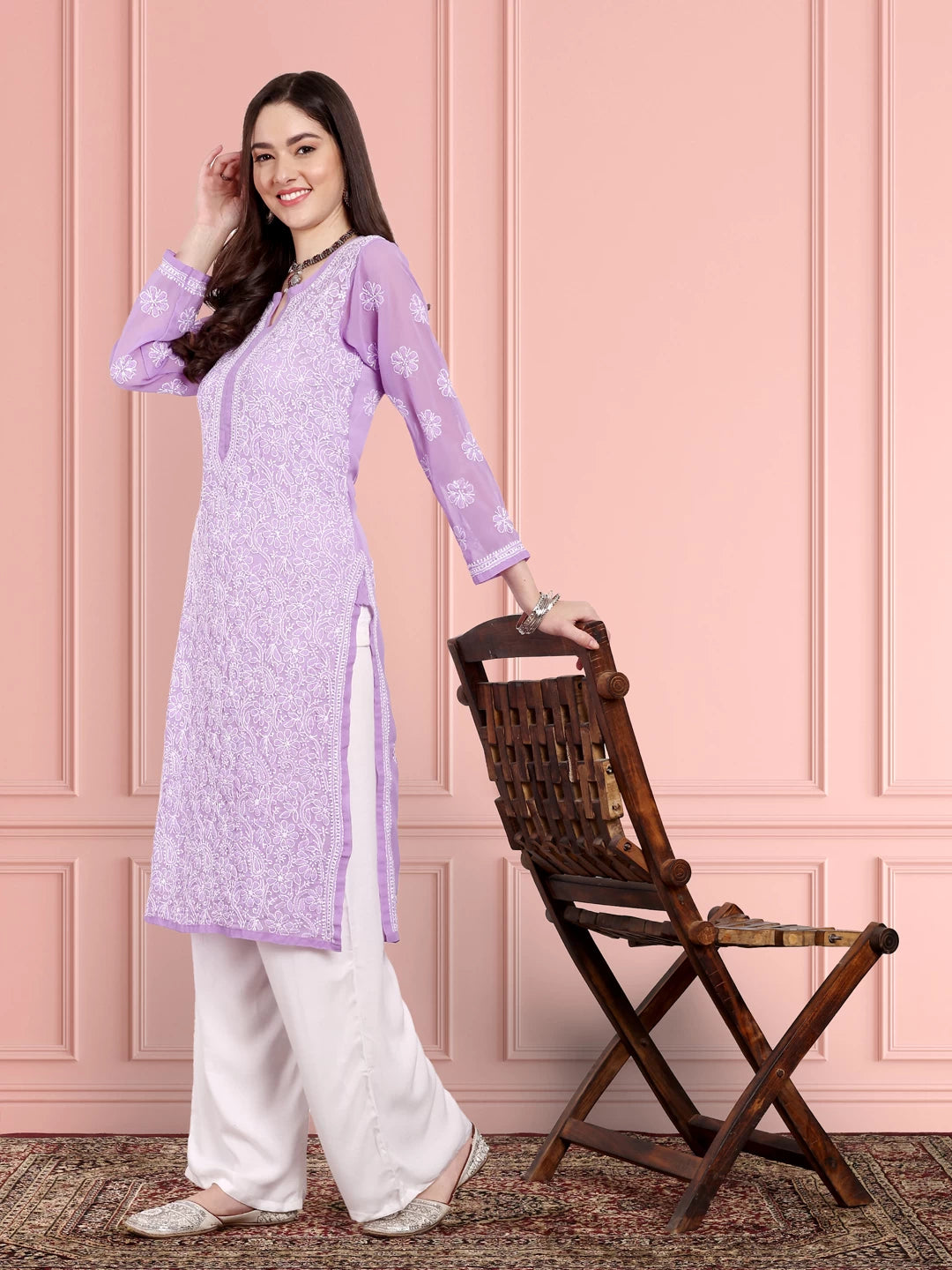 Ada Hand Embroidered Mauve Georgette Lucknowi Chikankari Straight Kurta A95487