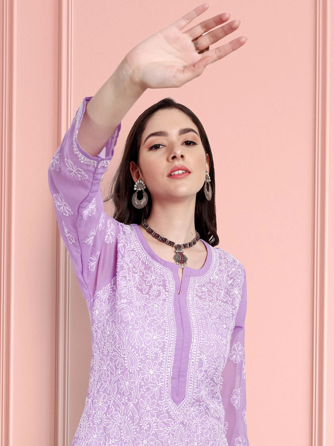 Ada Hand Embroidered Mauve Georgette Lucknowi Chikankari Straight Kurta A95487