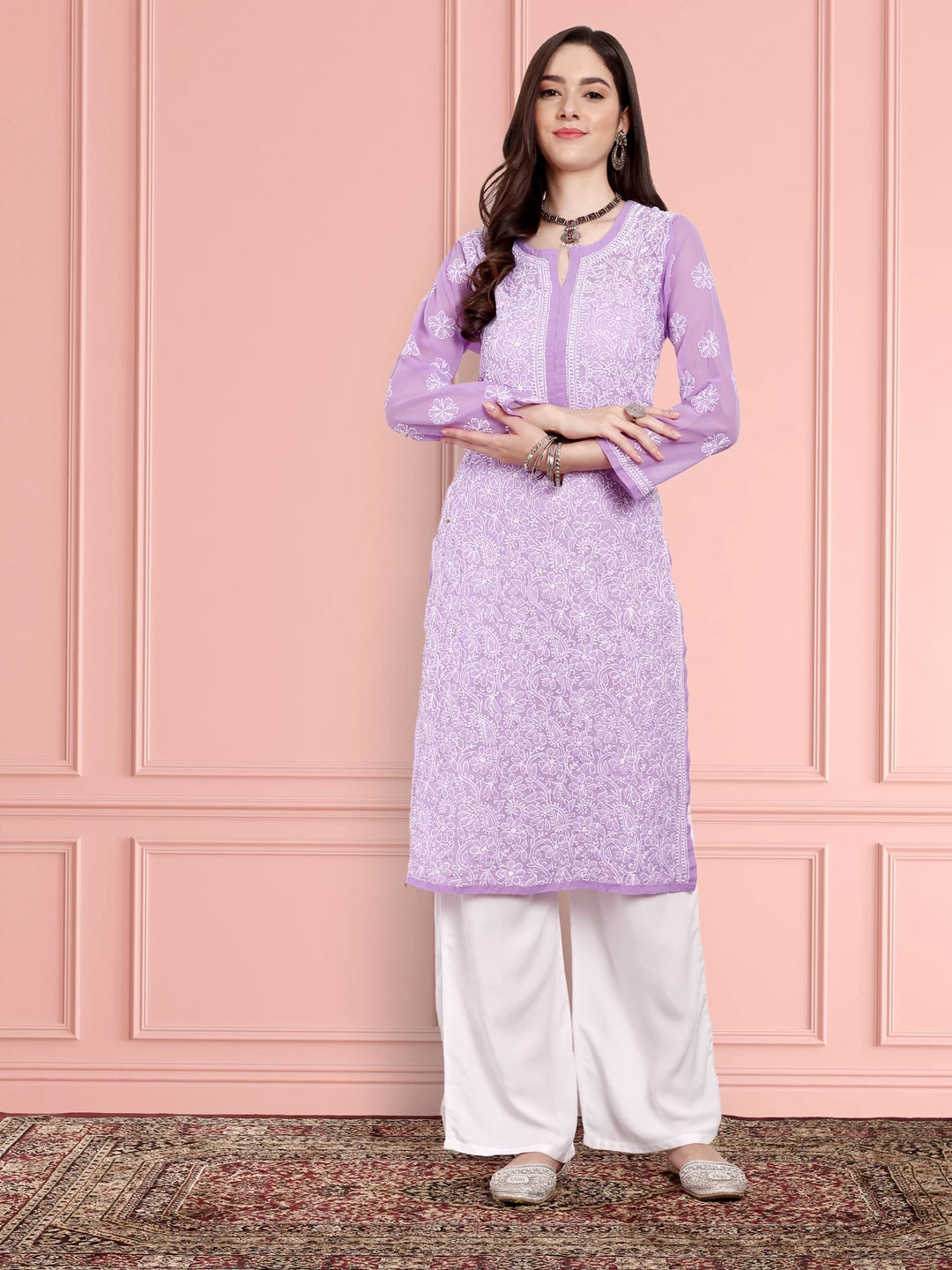 Ada Hand Embroidered Mauve Georgette Lucknowi Chikankari Straight Kurta A95487