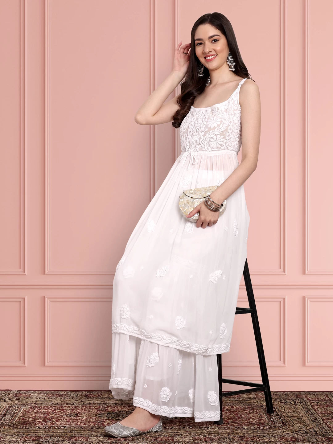 Ada Hand Embroidered White Viscose Georgette Lucknowi Chikankari Co-Ord Set A811243
