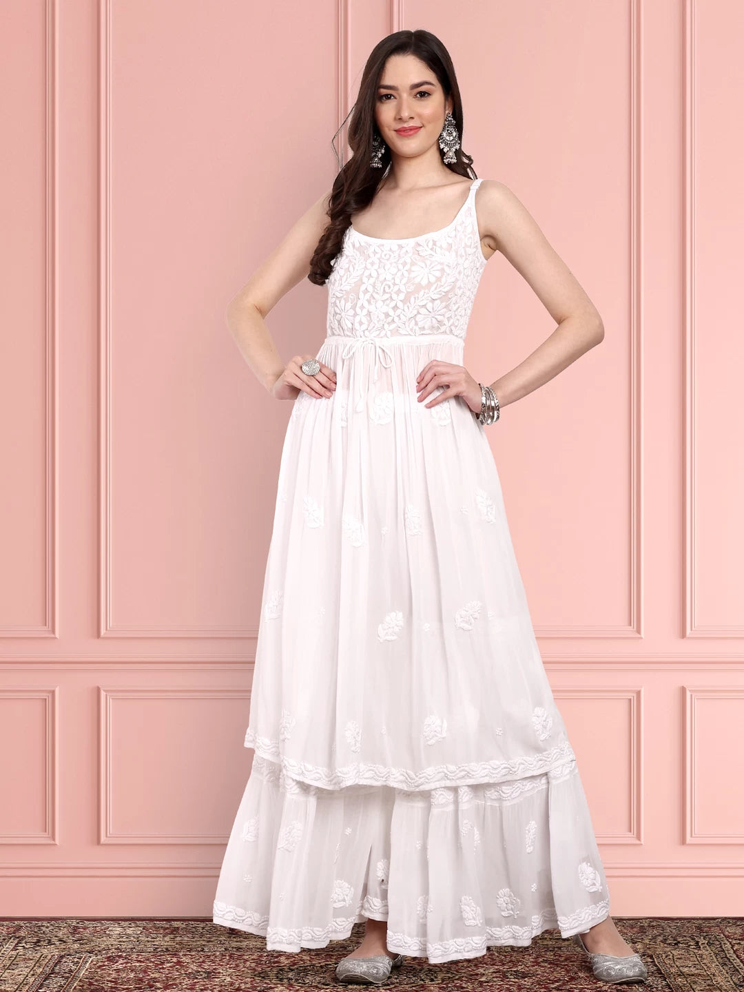 Ada Hand Embroidered White Viscose Georgette Lucknowi Chikankari Co-Ord Set A811243