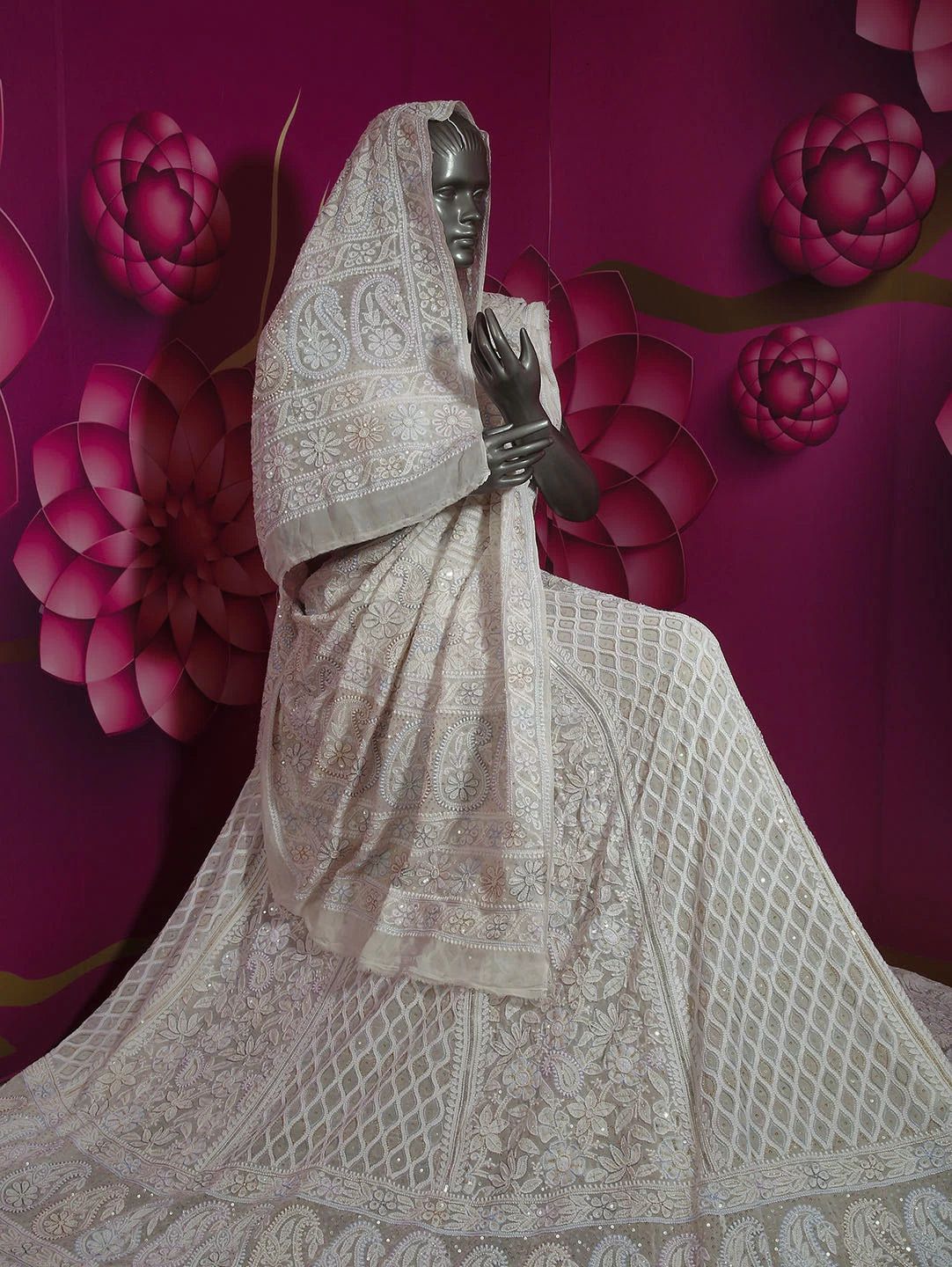Ada Hand Embroidered White Pure Georgette Lucknowi Chikankari Lehenga Set With Zari Work 01A412550