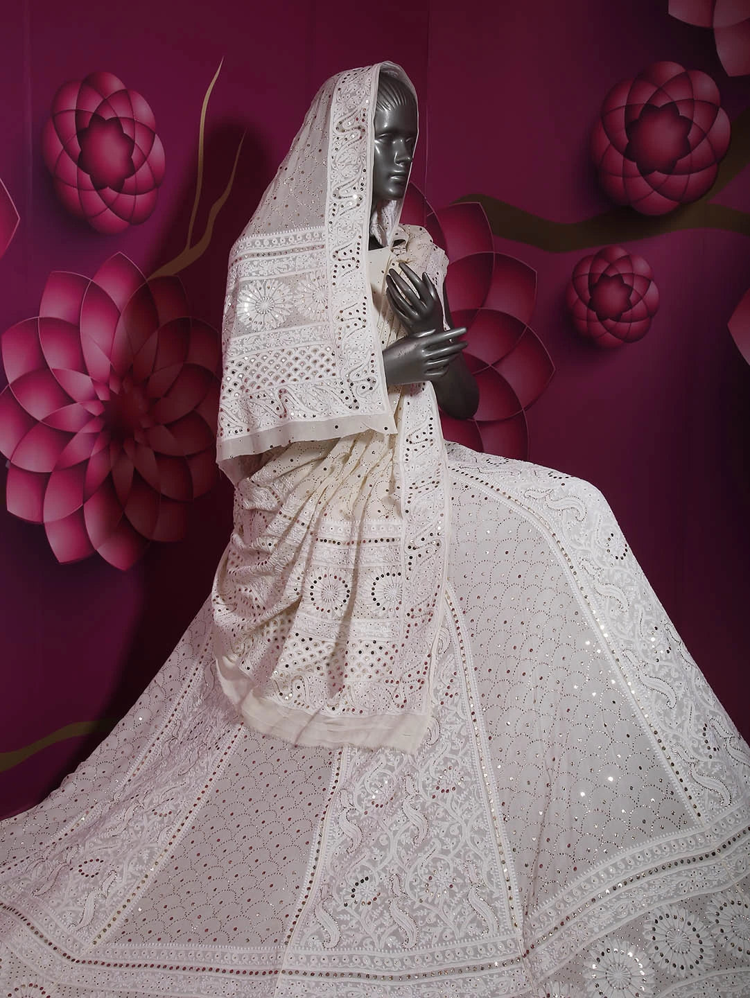 Ada Hand Embroidered Ivory White Pure Georgette Lucknowi Chikankari Lehenga Set With Muqaish Work 01A377874