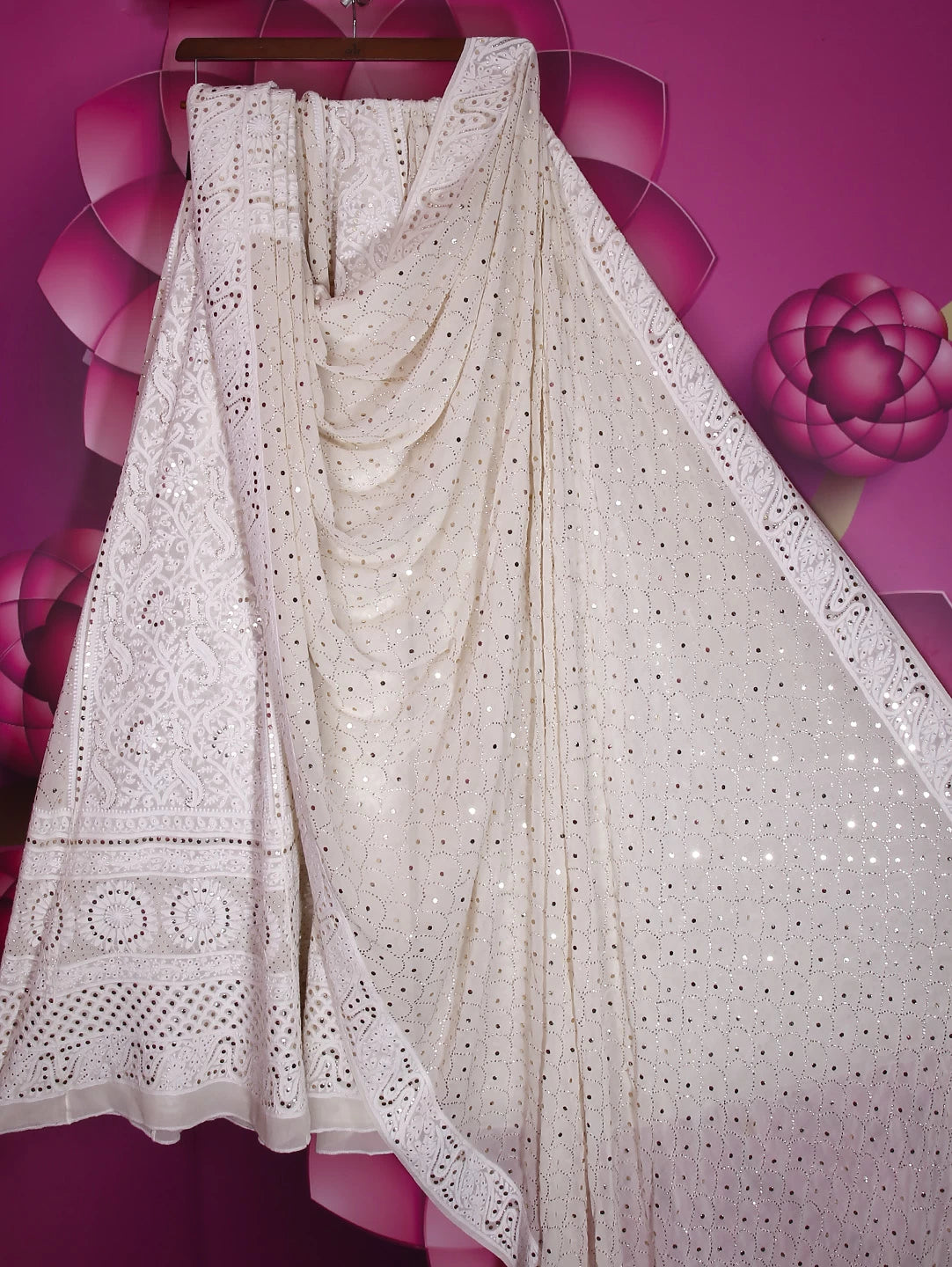 Ada Hand Embroidered Ivory White Pure Georgette Lucknowi Chikankari Lehenga Set With Muqaish Work 01A377874