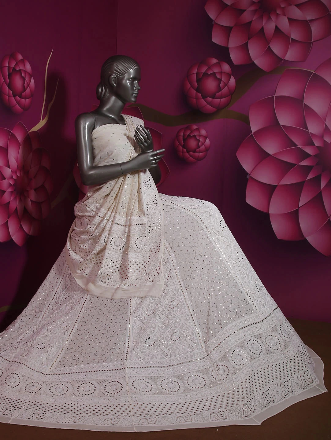 Ada Hand Embroidered Ivory White Pure Georgette Lucknowi Chikankari Lehenga Set With Muqaish Work 01A377874