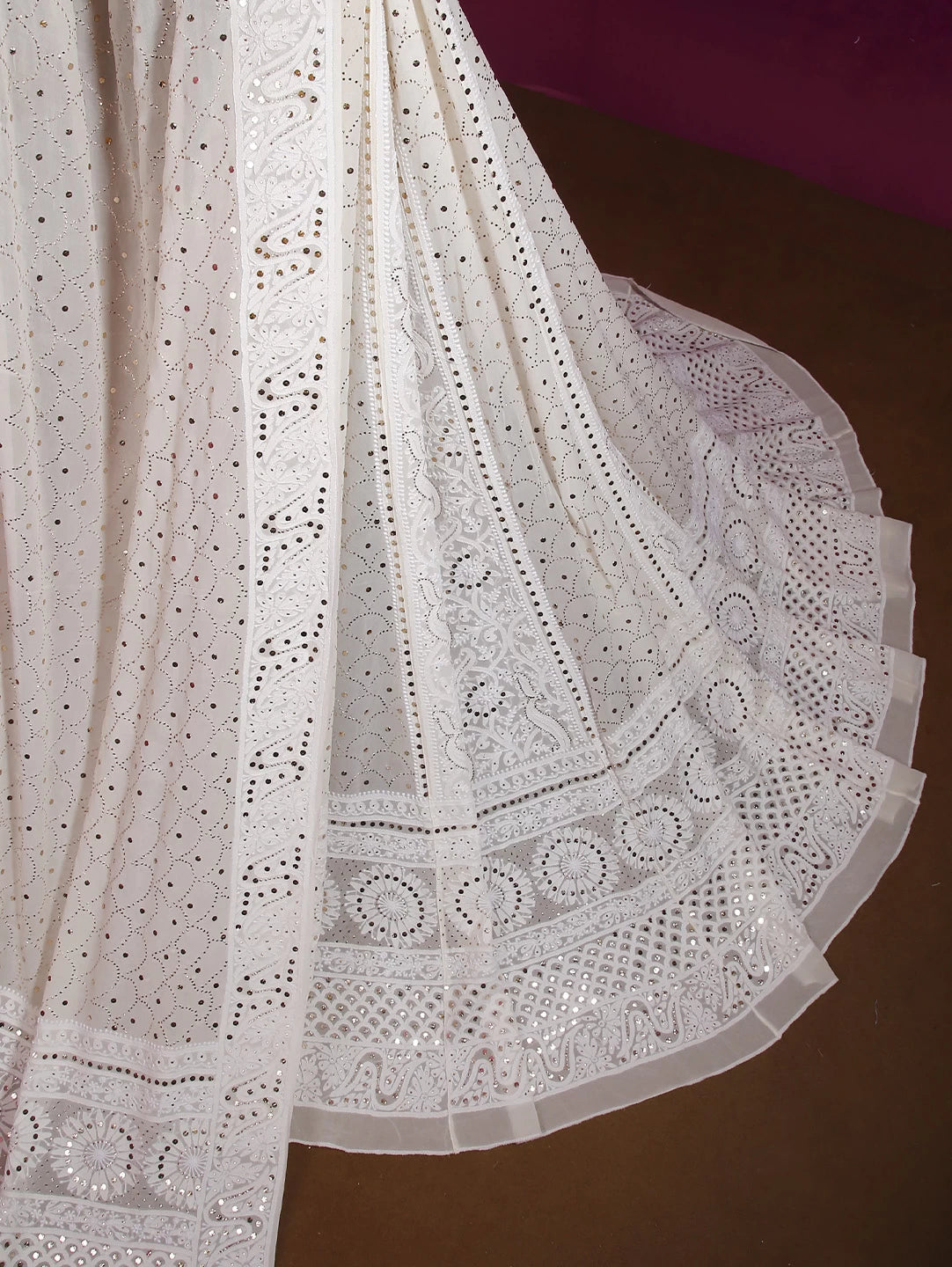 Ada Hand Embroidered Ivory White Pure Georgette Lucknowi Chikankari Lehenga Set With Muqaish Work 01A377874