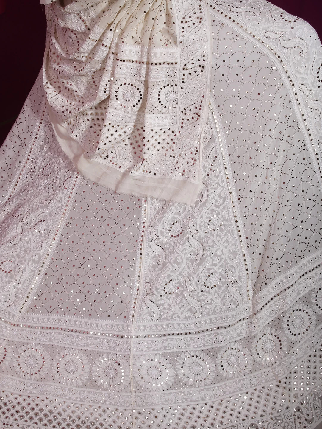 Ada Hand Embroidered Ivory White Pure Georgette Lucknowi Chikankari Lehenga Set With Muqaish Work 01A377874
