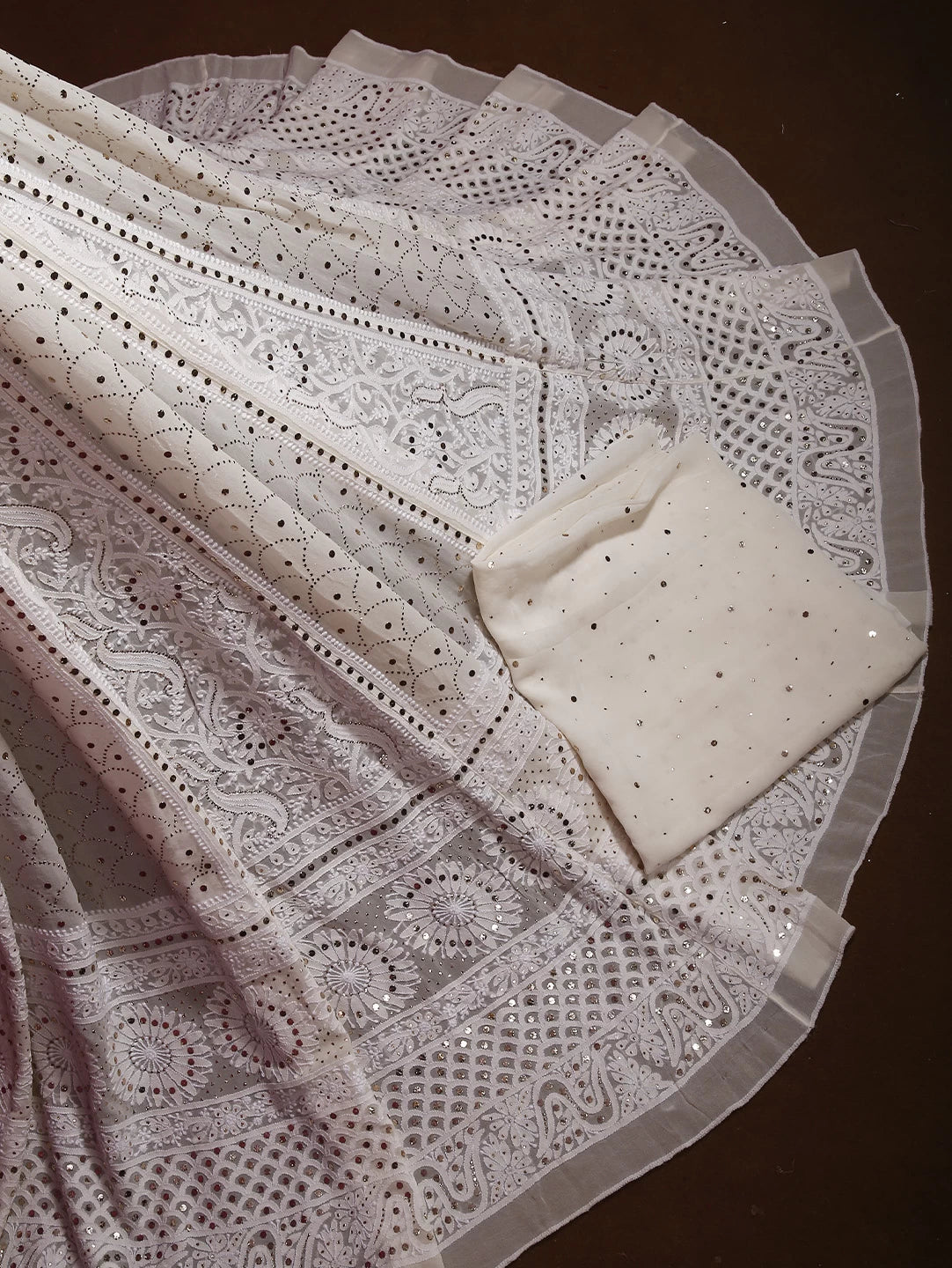 Ada Hand Embroidered Ivory White Pure Georgette Lucknowi Chikankari Lehenga Set With Muqaish Work 01A377874