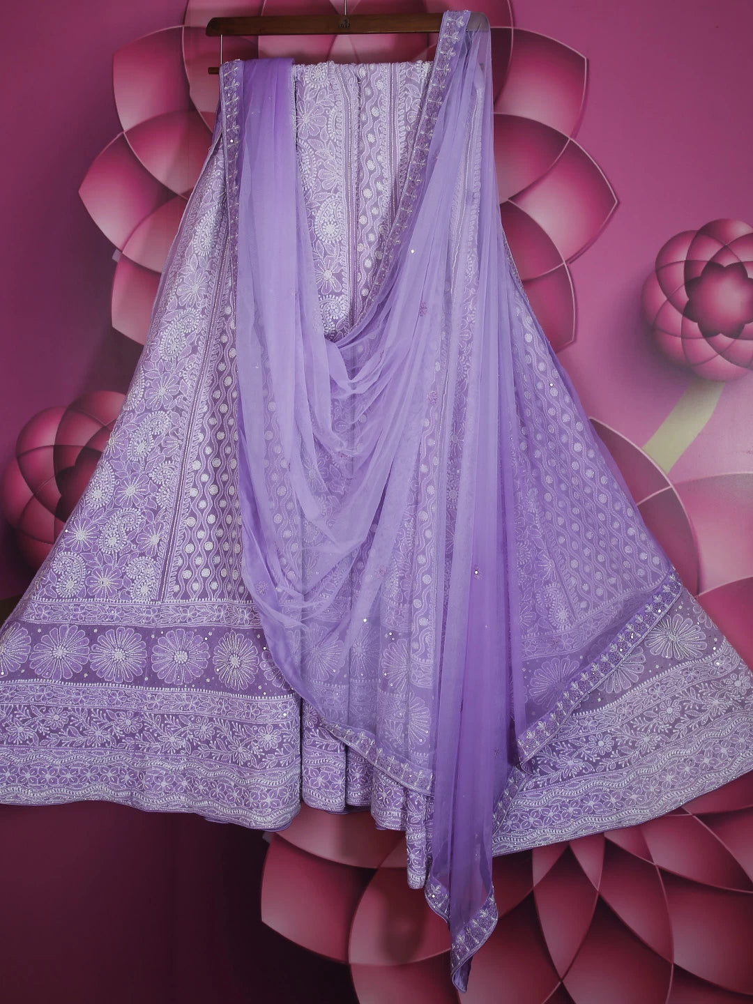 Ada Hand Embroidered Ombre Shade Of Mauve And Purple Pure Georgette Lucknowi Chikankari Lehenga Set With Cutdana Pearl 01A339018