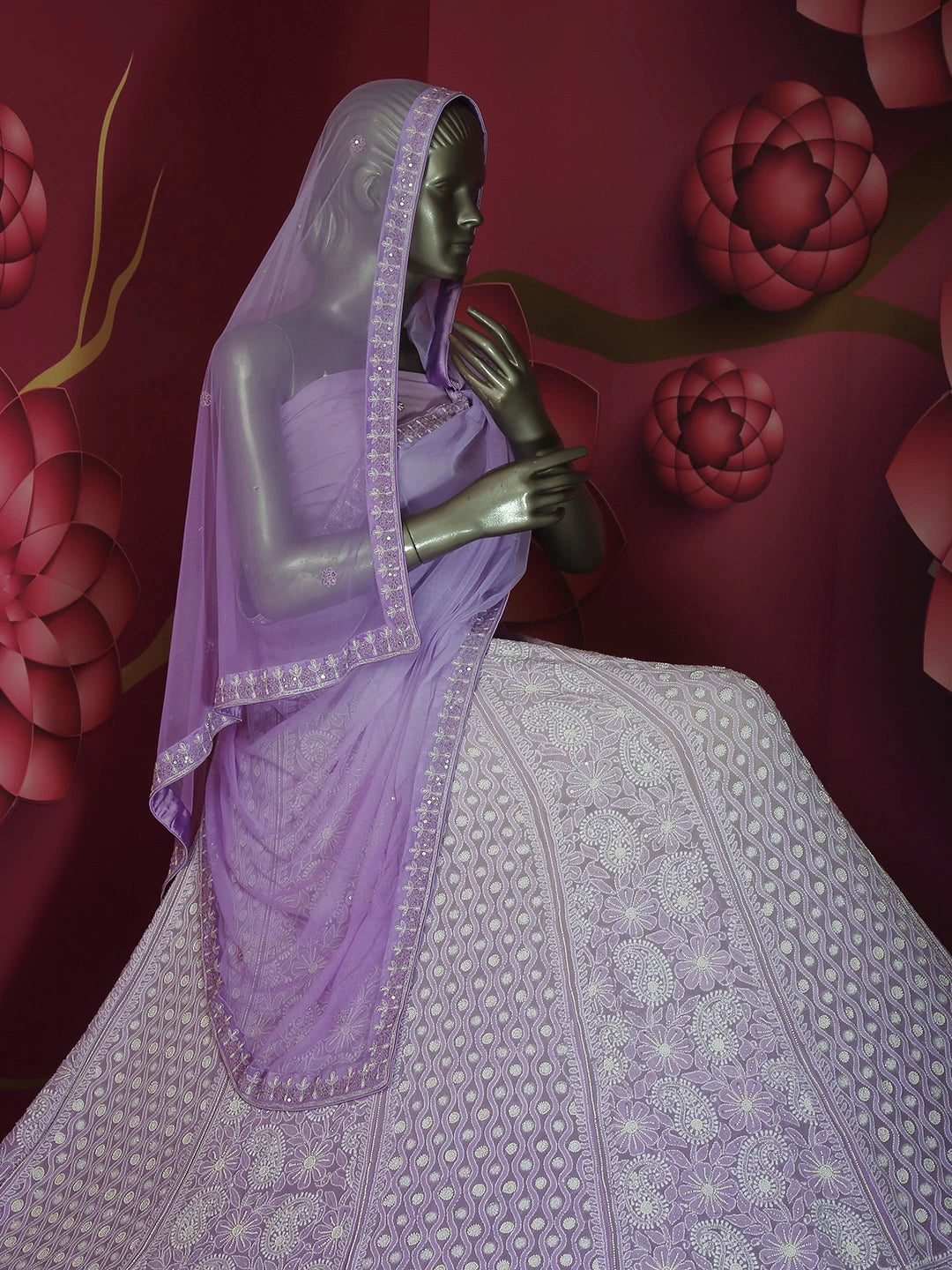 Ada Hand Embroidered Ombre Shade Of Mauve And Purple Pure Georgette Lucknowi Chikankari Lehenga Set With Cutdana Pearl 01A339018