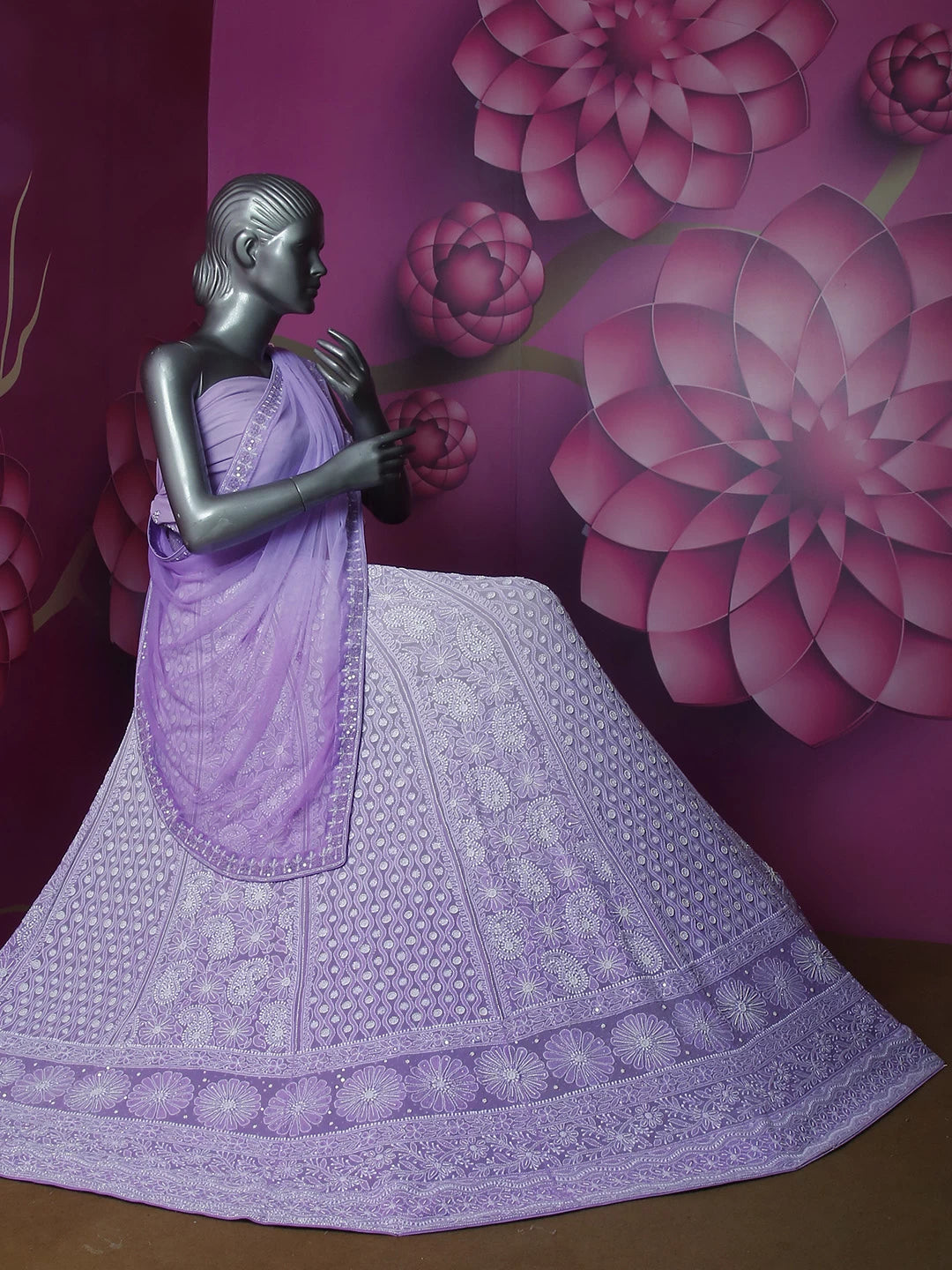 Ada Hand Embroidered Ombre Shade Of Mauve And Purple Pure Georgette Lucknowi Chikankari Lehenga Set With Cutdana Pearl 01A339018