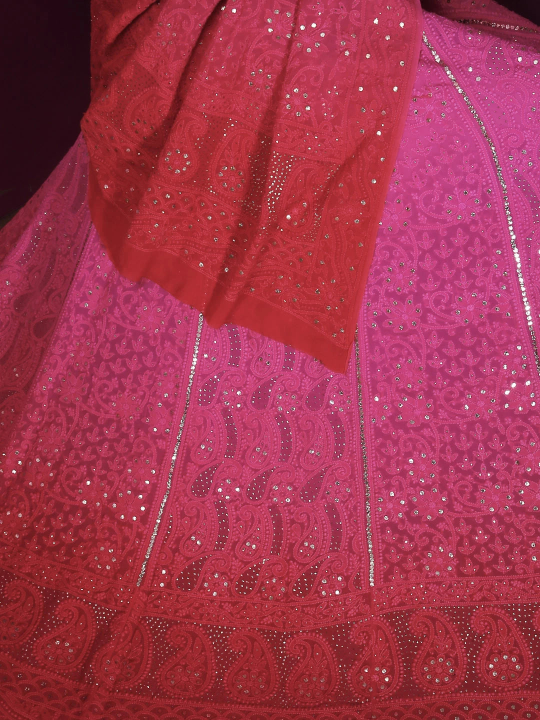 Ada Hand Embroidered Ombre Shade Of Cerise And Magenta Viscose Georgette Lucknowi Chikankari Lehenga Set With Mukaish Work 01A190358