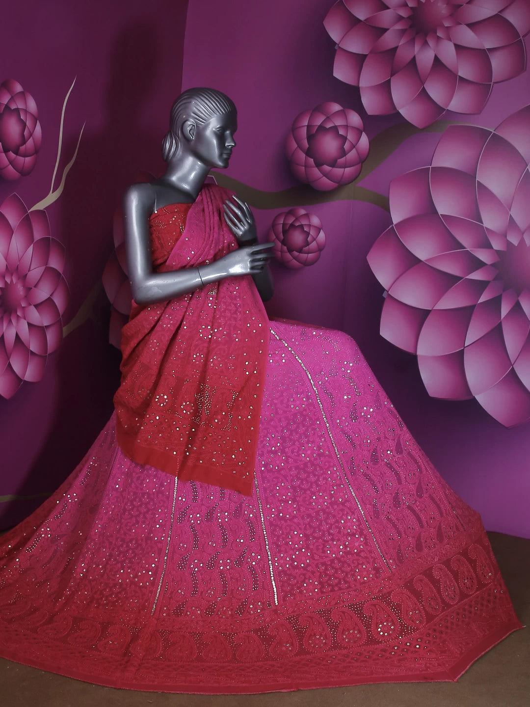 Ada Hand Embroidered Ombre Shade Of Cerise And Magenta Viscose Georgette Lucknowi Chikankari Lehenga Set With Mukaish Work 01A190358