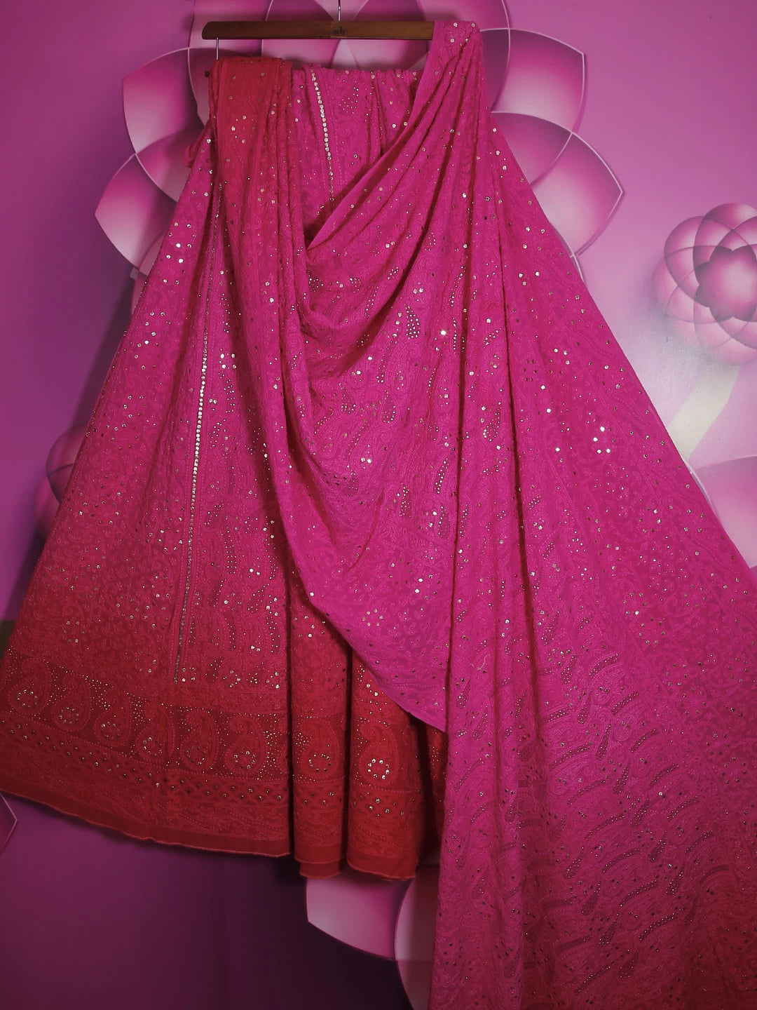 Ada Hand Embroidered Ombre Shade Of Cerise And Magenta Viscose Georgette Lucknowi Chikankari Lehenga Set With Mukaish Work 01A190358
