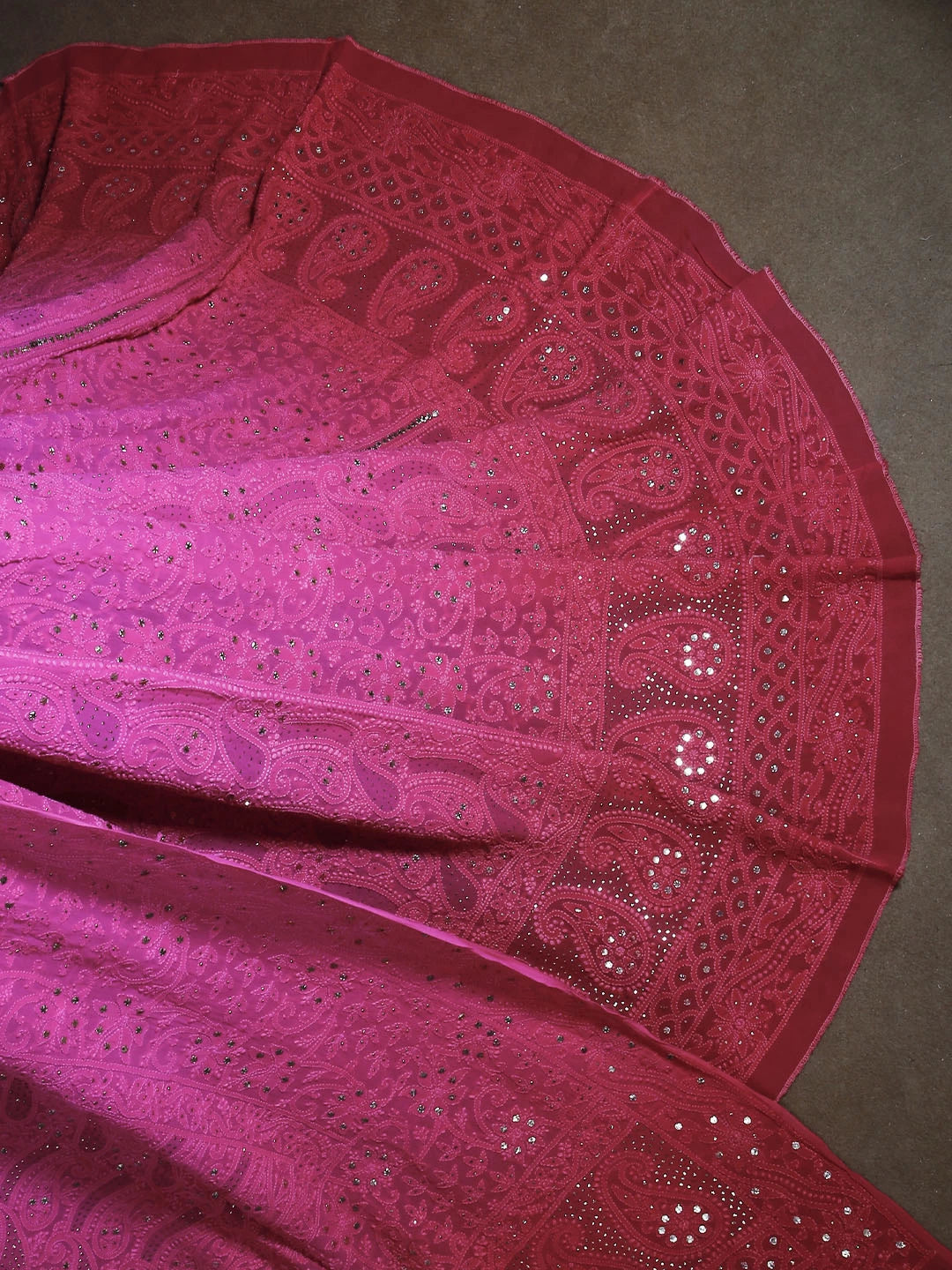 Ada Hand Embroidered Ombre Shade Of Cerise And Magenta Viscose Georgette Lucknowi Chikankari Lehenga Set With Mukaish Work 01A190358
