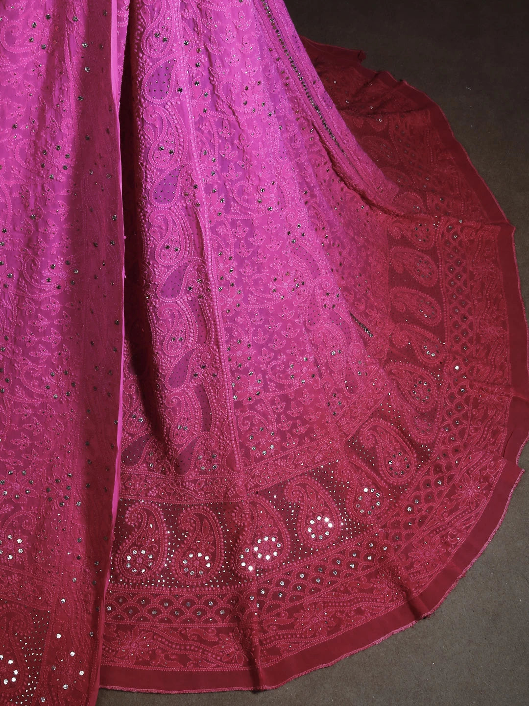 Ada Hand Embroidered Ombre Shade Of Cerise And Magenta Viscose Georgette Lucknowi Chikankari Lehenga Set With Mukaish Work 01A190358