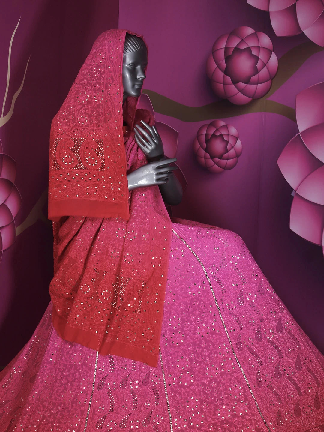 Ada Hand Embroidered Ombre Shade Of Cerise And Magenta Viscose Georgette Lucknowi Chikankari Lehenga Set With Mukaish Work 01A190358