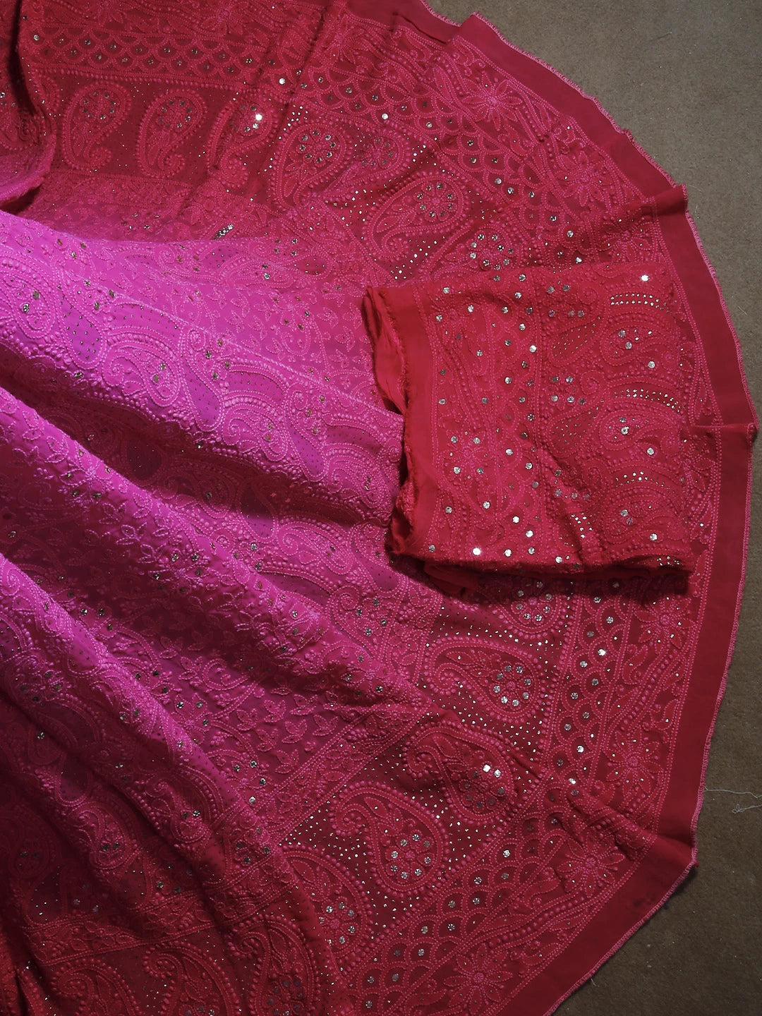 Ada Hand Embroidered Ombre Shade Of Cerise And Magenta Viscose Georgette Lucknowi Chikankari Lehenga Set With Mukaish Work 01A190358