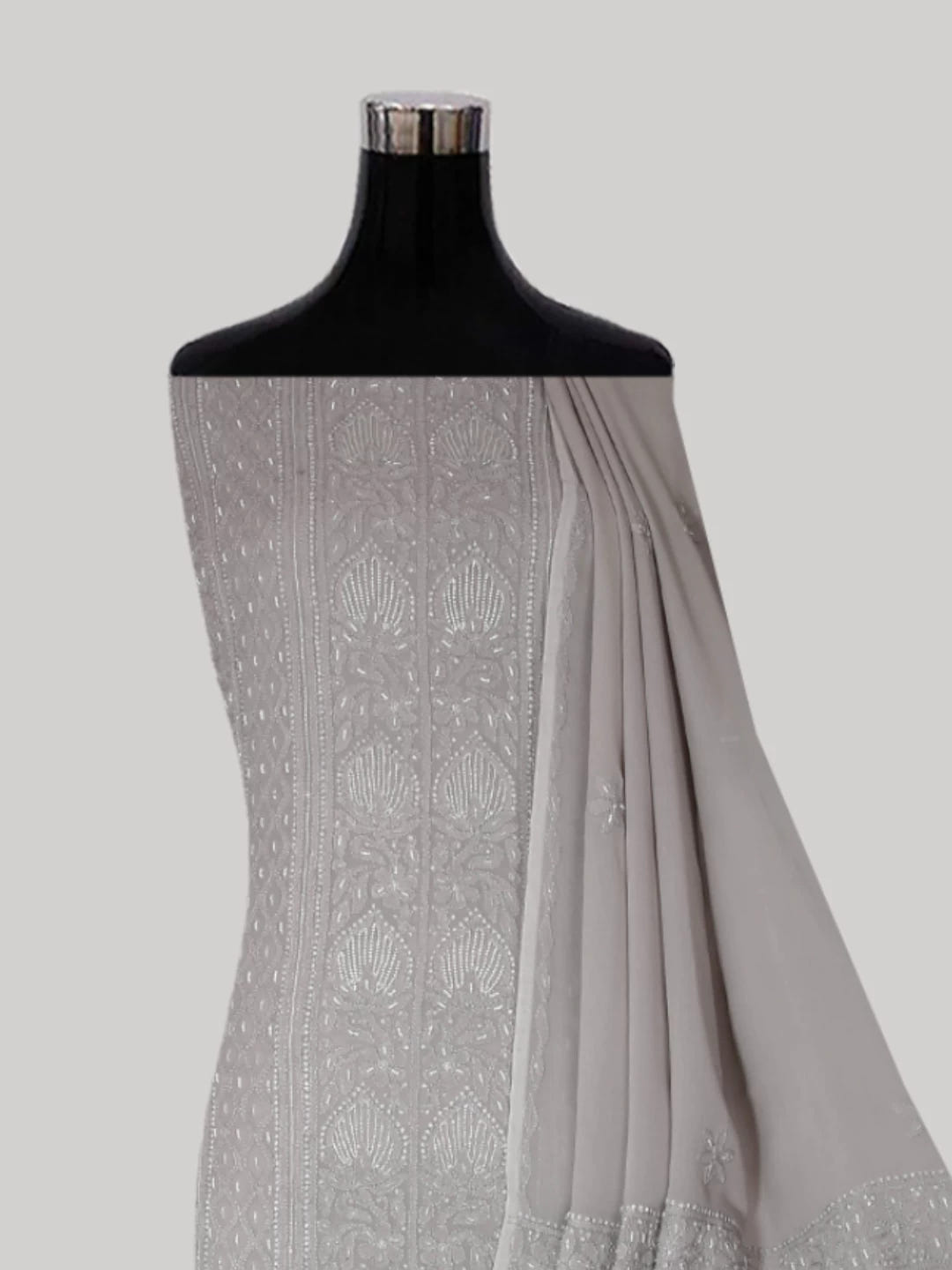 Ada Hand Embroidered Coin Grey Viscose Georgette Lucknowi Chikankari Unstitched Kurta Dupatta Set With Pearl Work 01A413394