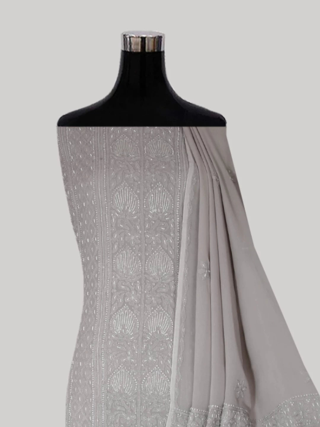 Ada Hand Embroidered Coin Grey Viscose Georgette Lucknowi Chikankari Unstitched Kurta Dupatta Set With Pearl Work 01A413394