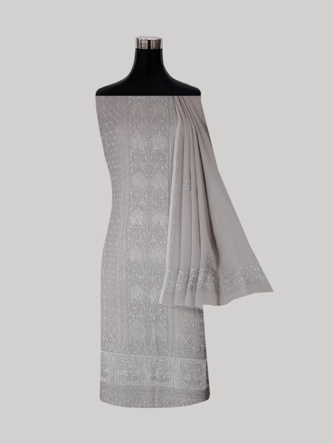 Ada Hand Embroidered Coin Grey Viscose Georgette Lucknowi Chikankari Unstitched Kurta Dupatta Set With Pearl Work 01A413394