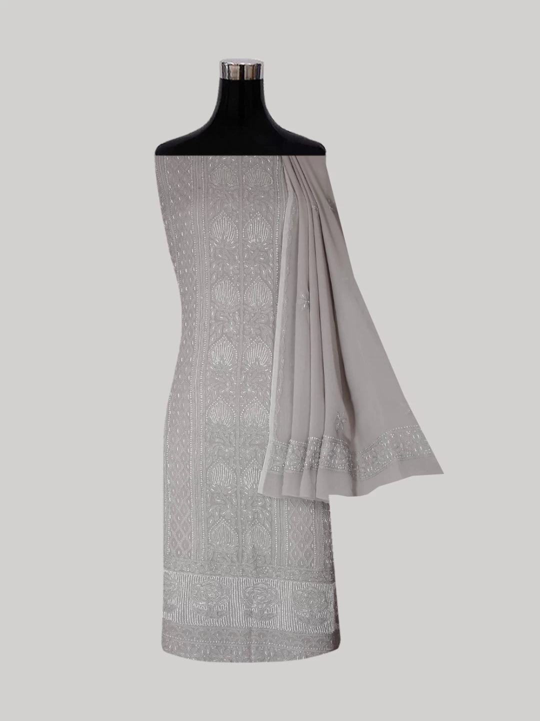 Ada Hand Embroidered Coin Grey Viscose Georgette Lucknowi Chikankari Unstitched Kurta Dupatta Set With Pearl Work 01A413394
