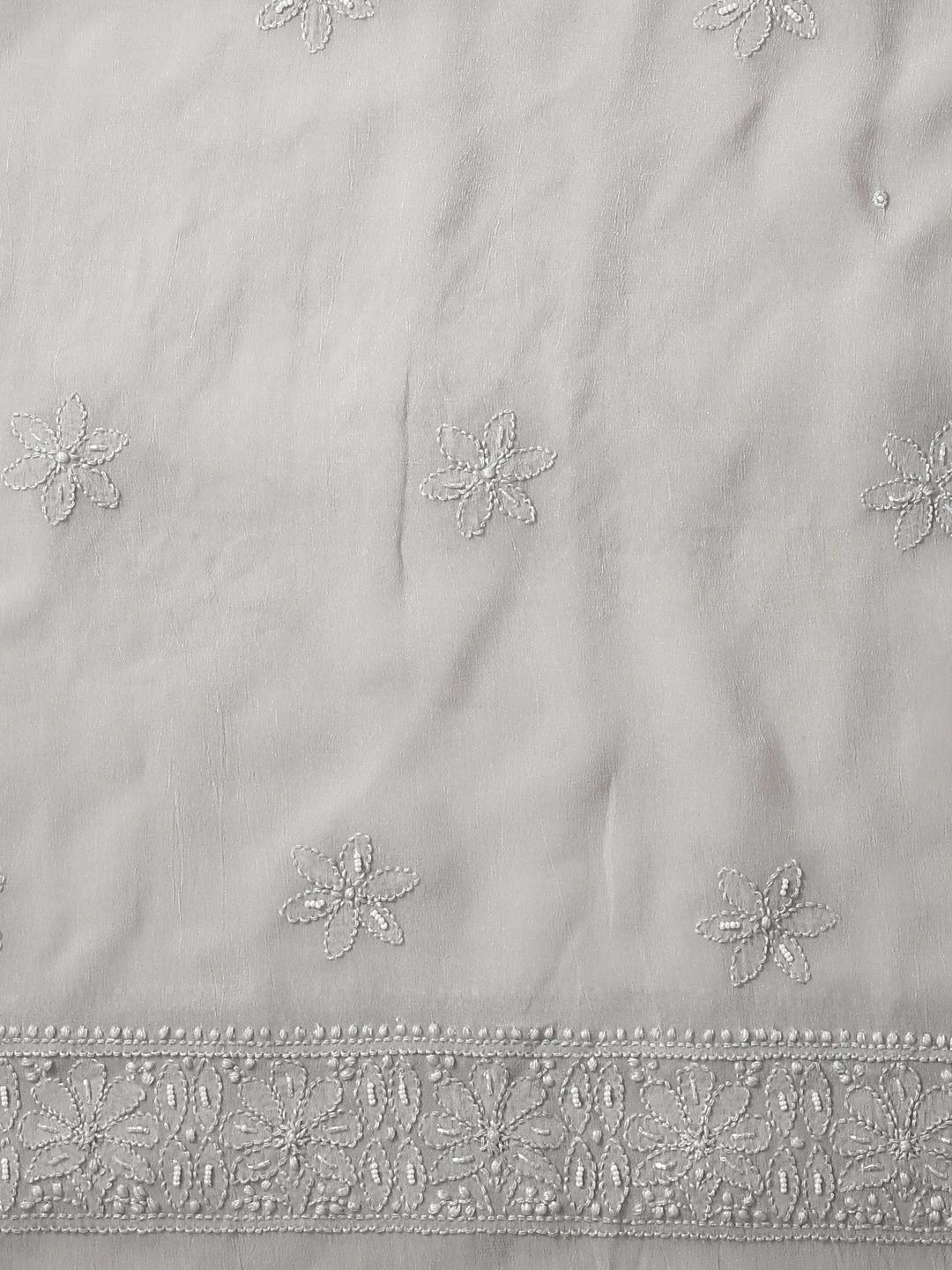 Ada Hand Embroidered Coin Grey Viscose Georgette Lucknowi Chikankari Unstitched Kurta Dupatta Set With Pearl Work 01A413394