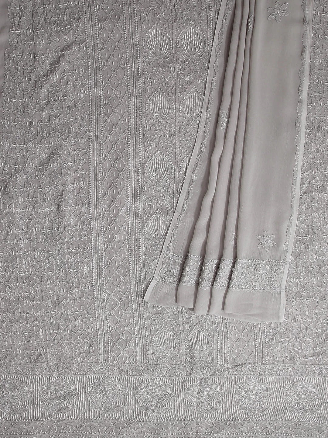 Ada Hand Embroidered Coin Grey Viscose Georgette Lucknowi Chikankari Unstitched Kurta Dupatta Set With Pearl Work 01A413394