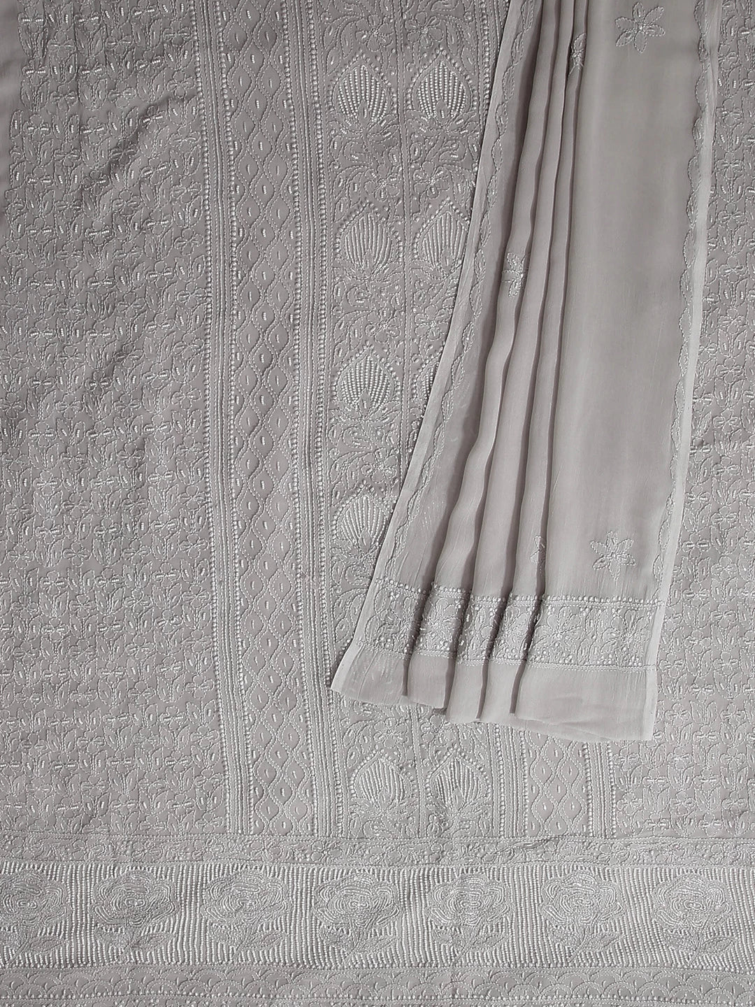 Ada Hand Embroidered Coin Grey Viscose Georgette Lucknowi Chikankari Unstitched Kurta Dupatta Set With Pearl Work 01A413394