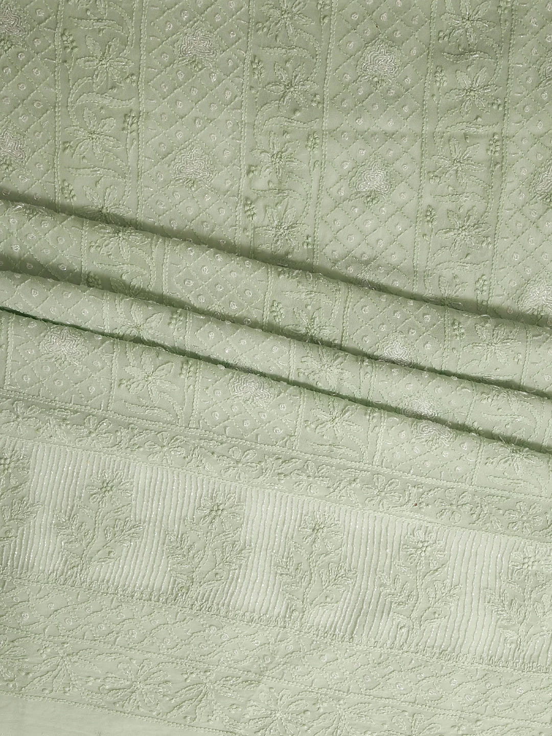 Ada Hand Embroidered Tea Green Viscose Georgette Lucknowi Chikankari Unstitched Kurta Dupatta Set With Pearl Work 01A399888